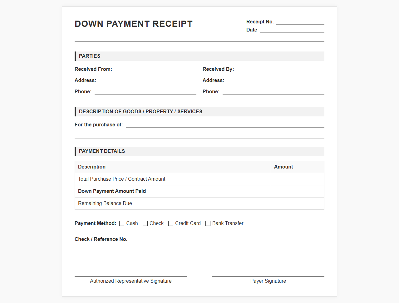 Down Payment Receipt Template
