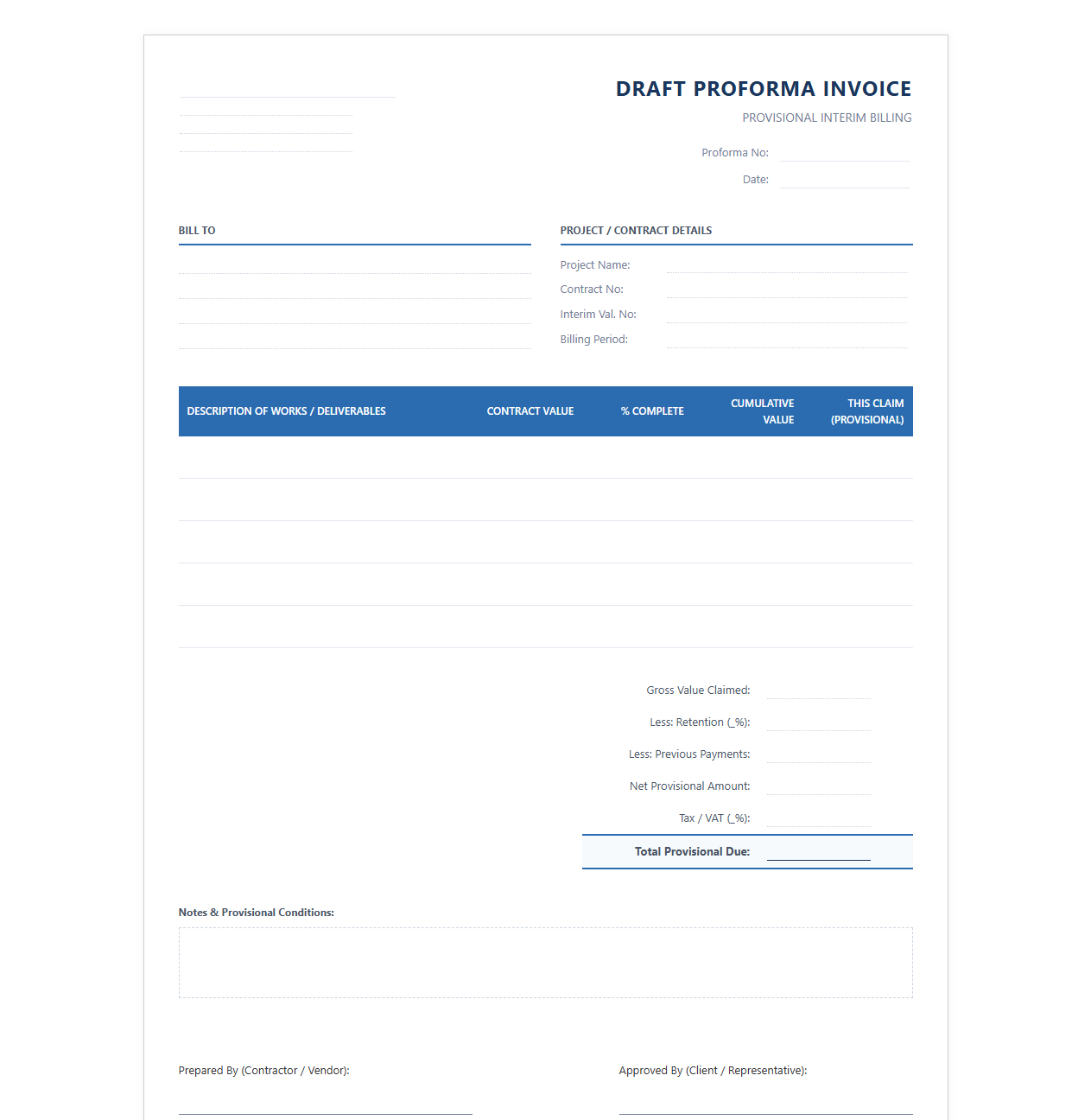 Draft Proforma Invoice for Interim Billing