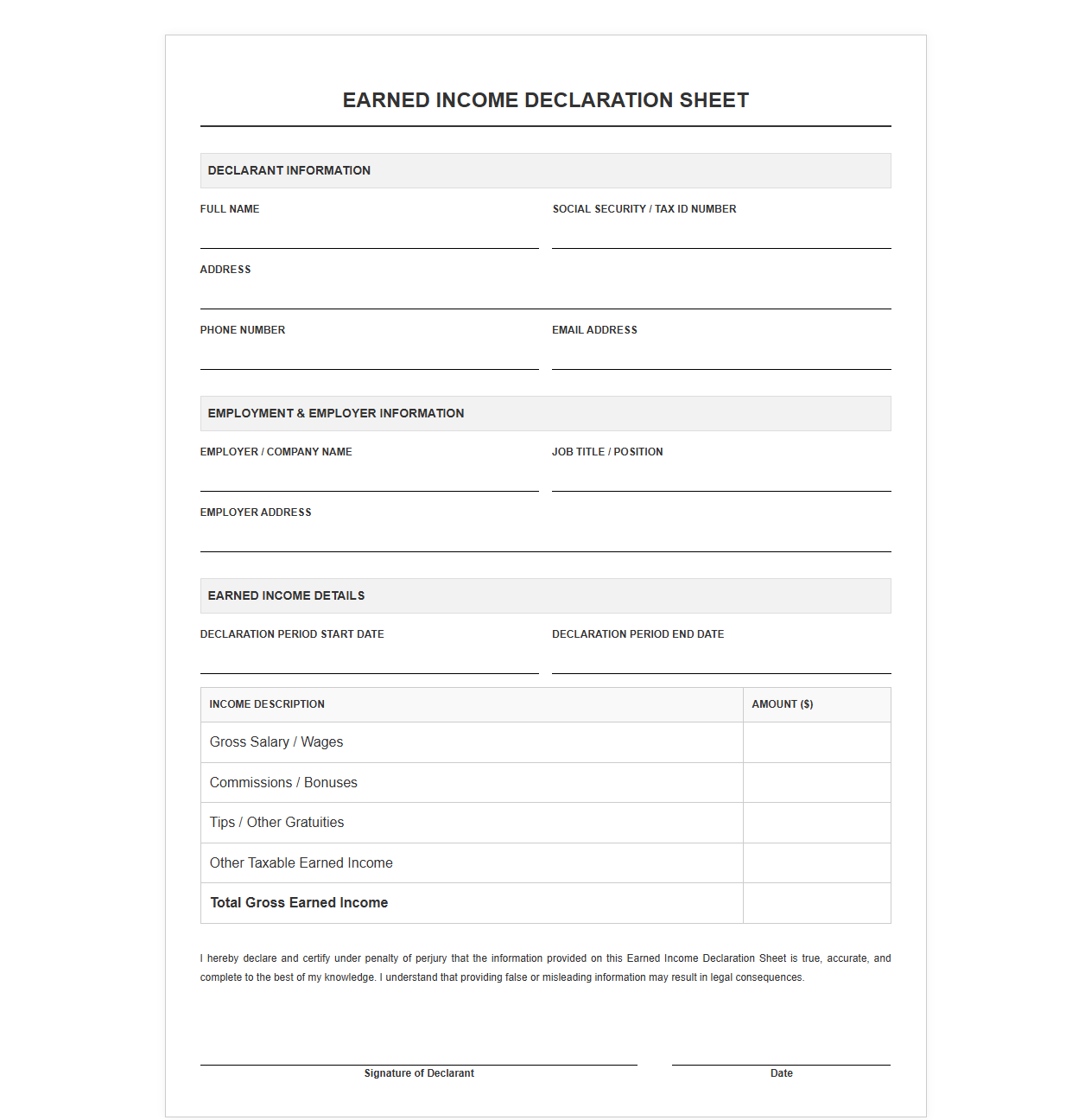 Earned Income Declaration Sheet