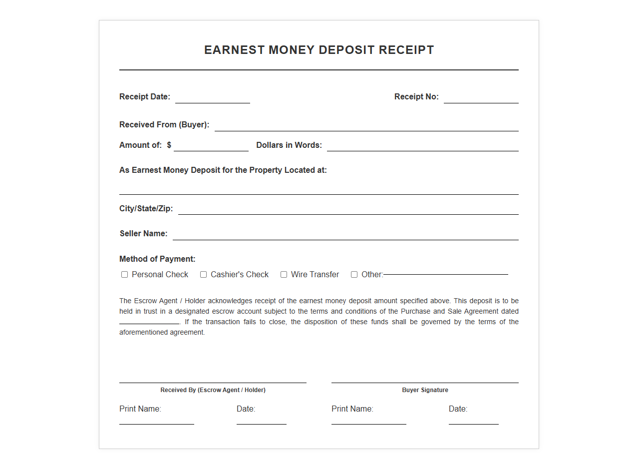 Earnest Money Deposit Receipt Template