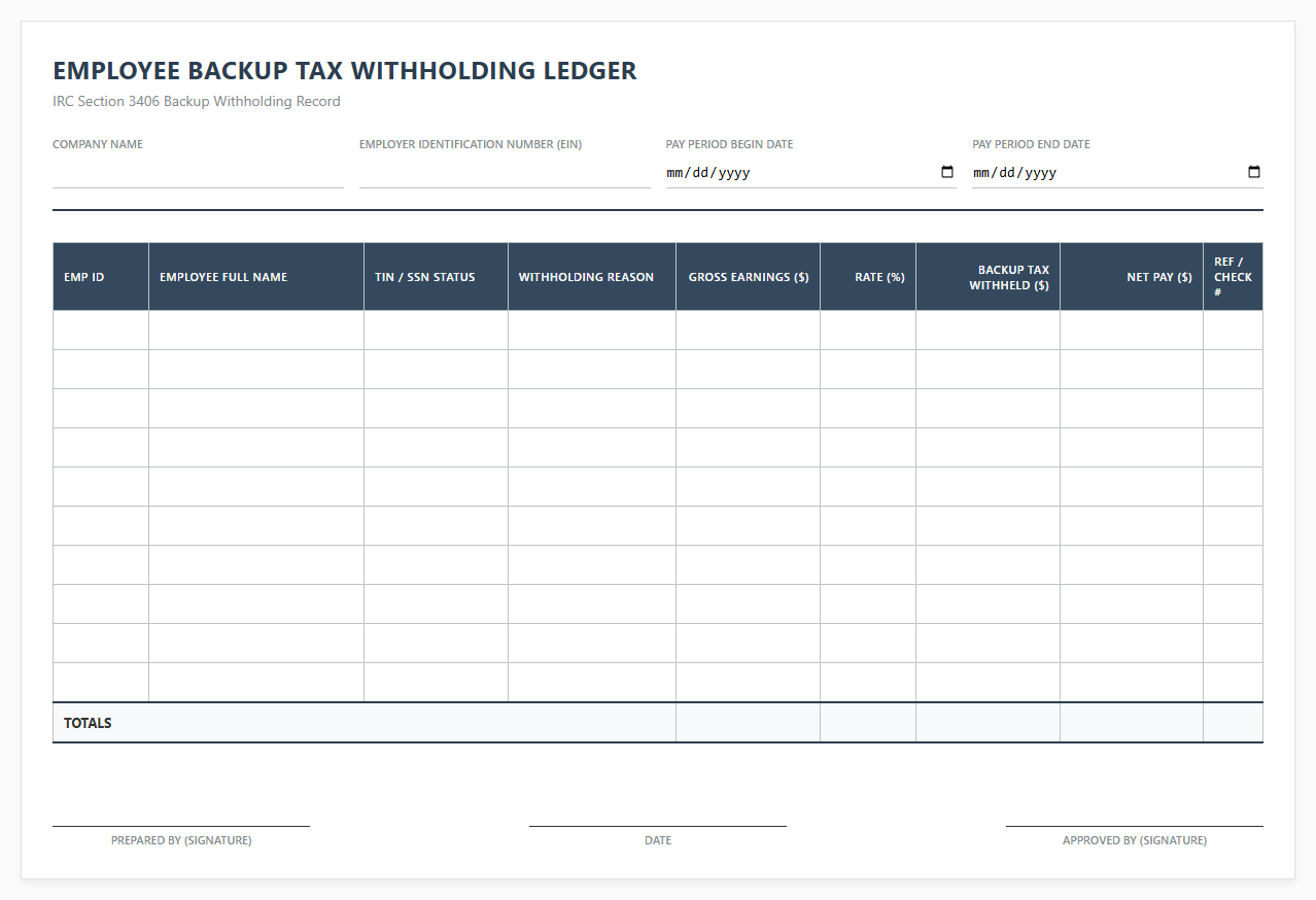 Employee Backup Tax Withholding Payroll Ledger