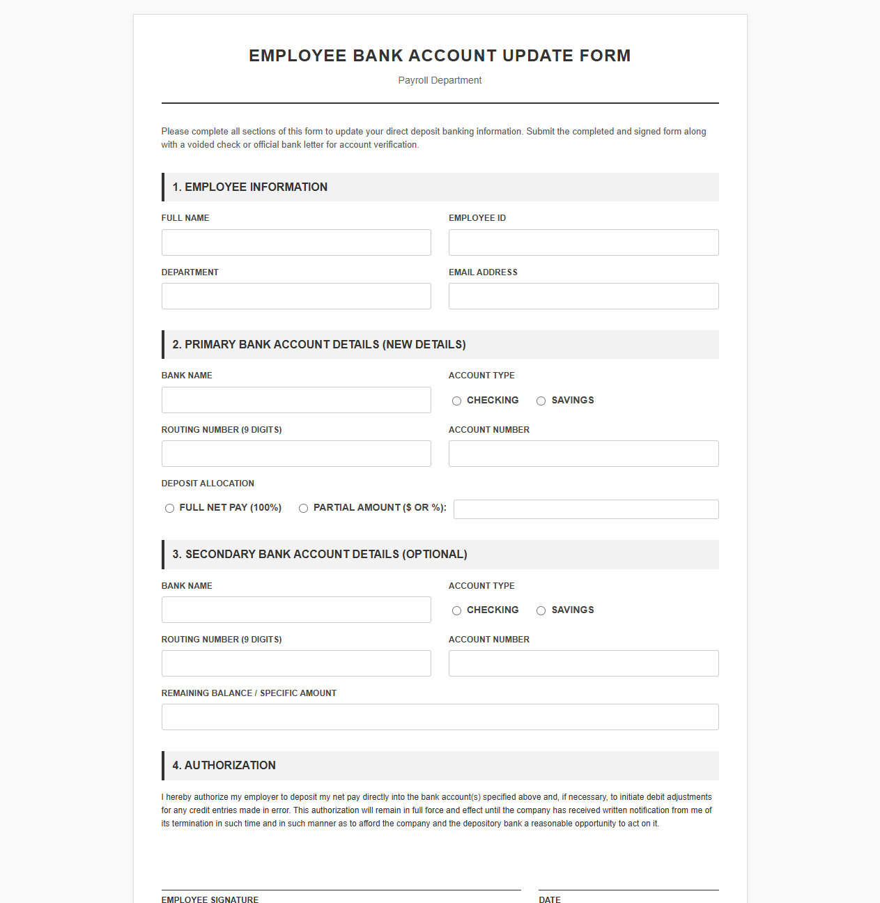 Employee Bank Account Update Form