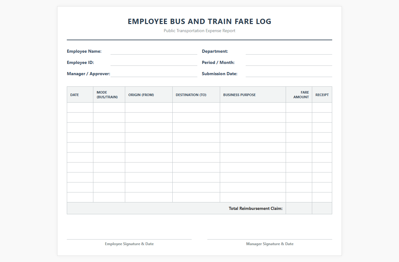Employee Bus and Train Fare Log