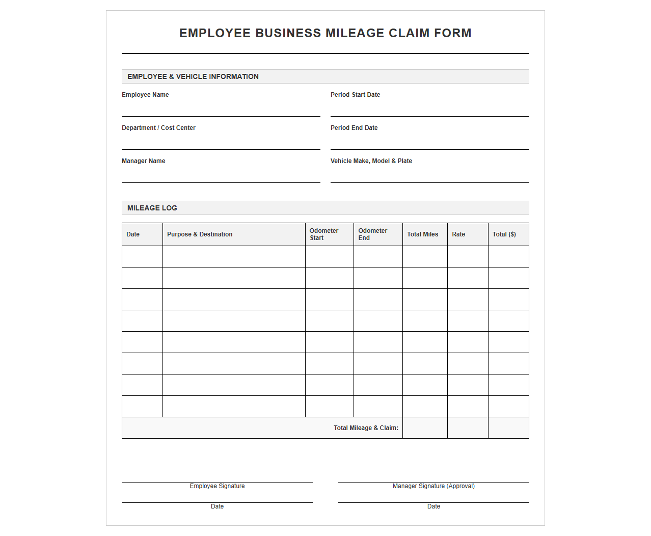 Employee Business Mileage Claim Form