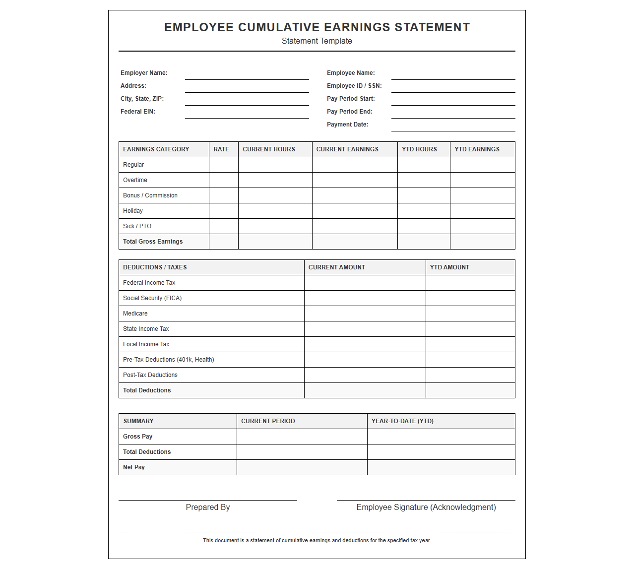 Employee Cumulative Earnings Statement Form