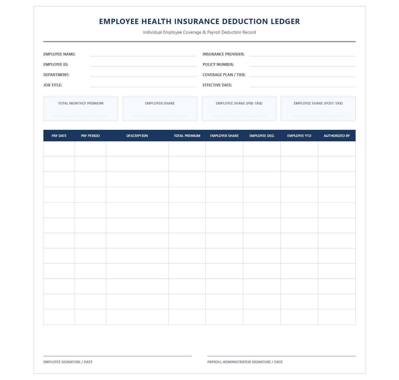 Employee Health Insurance Deduction Ledger
