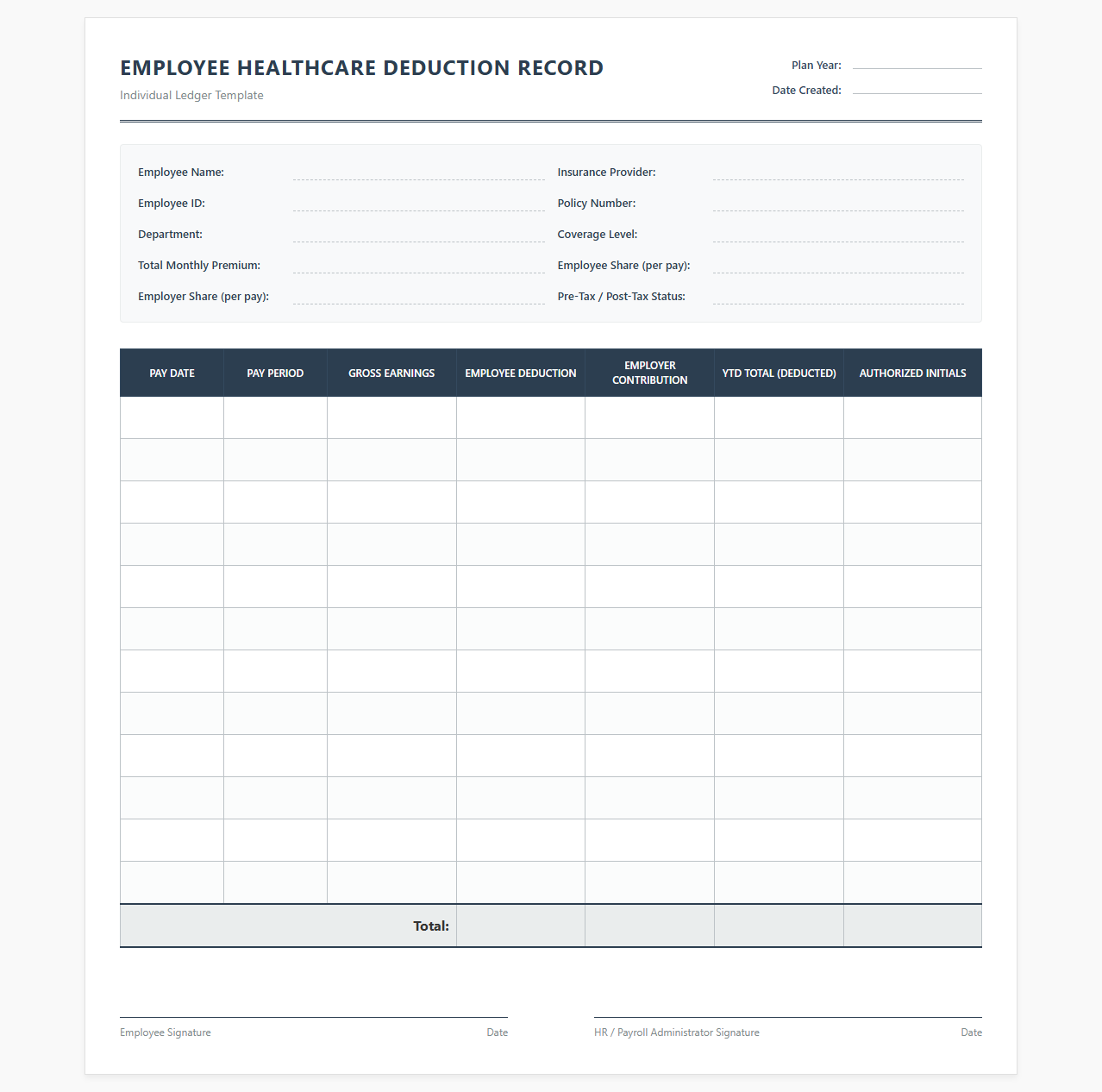 Employee Healthcare Deduction Record Template