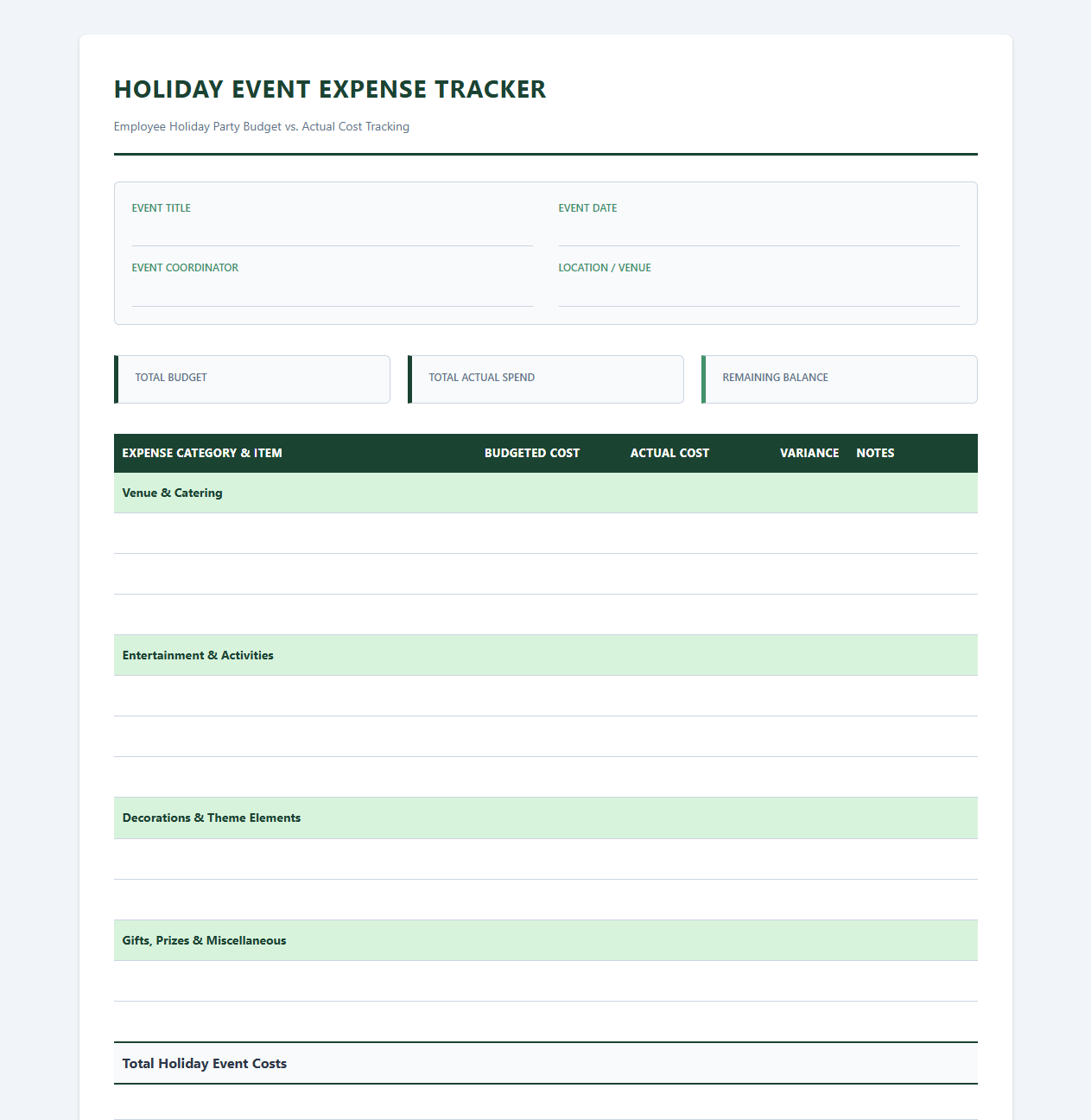 Employee Holiday Event Cost Tracking Template