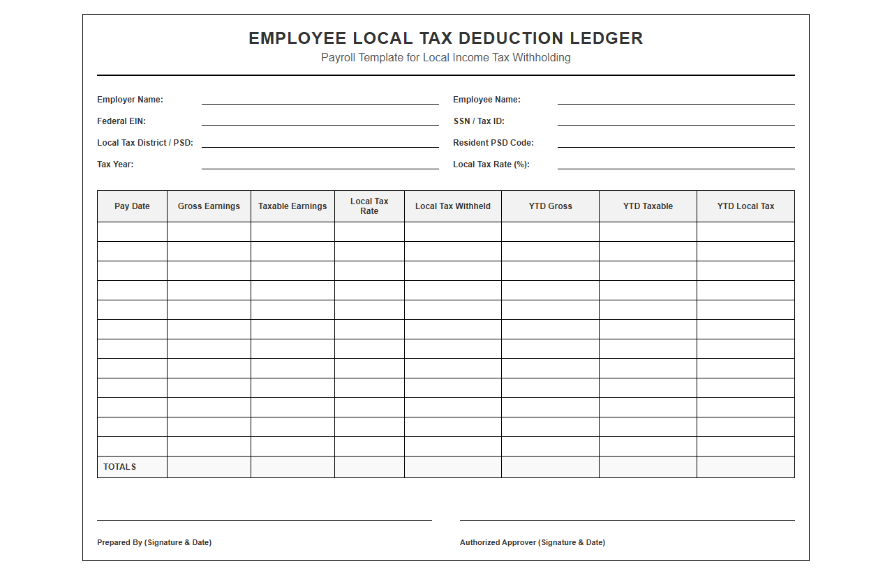 Employee Local Tax Deduction Ledger