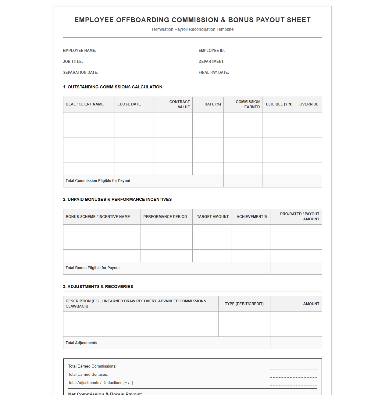 Employee Offboarding Commission and Bonus Payout Sheet
