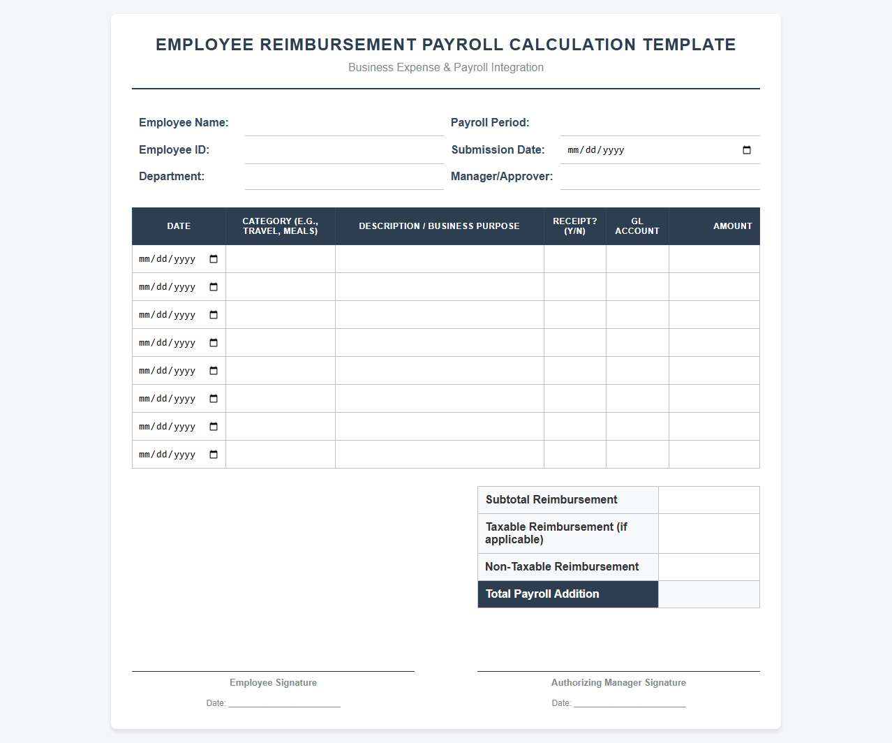 Employee Reimbursement Payroll Calculation Template