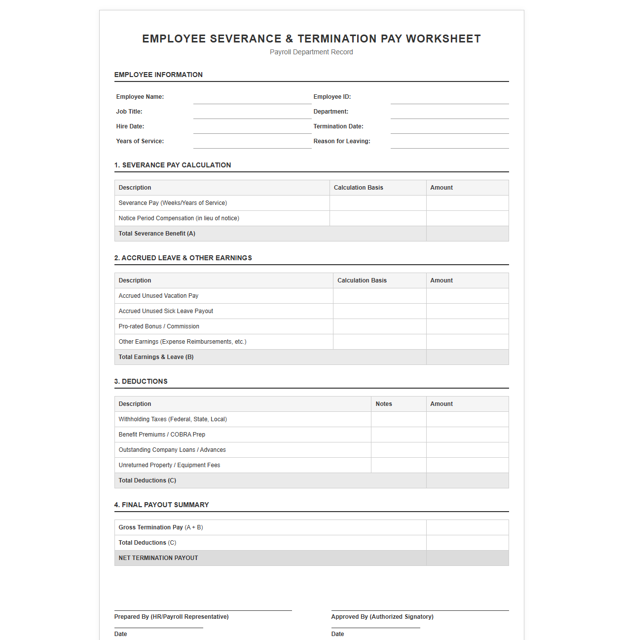 Employee Severance and Termination Pay Worksheet