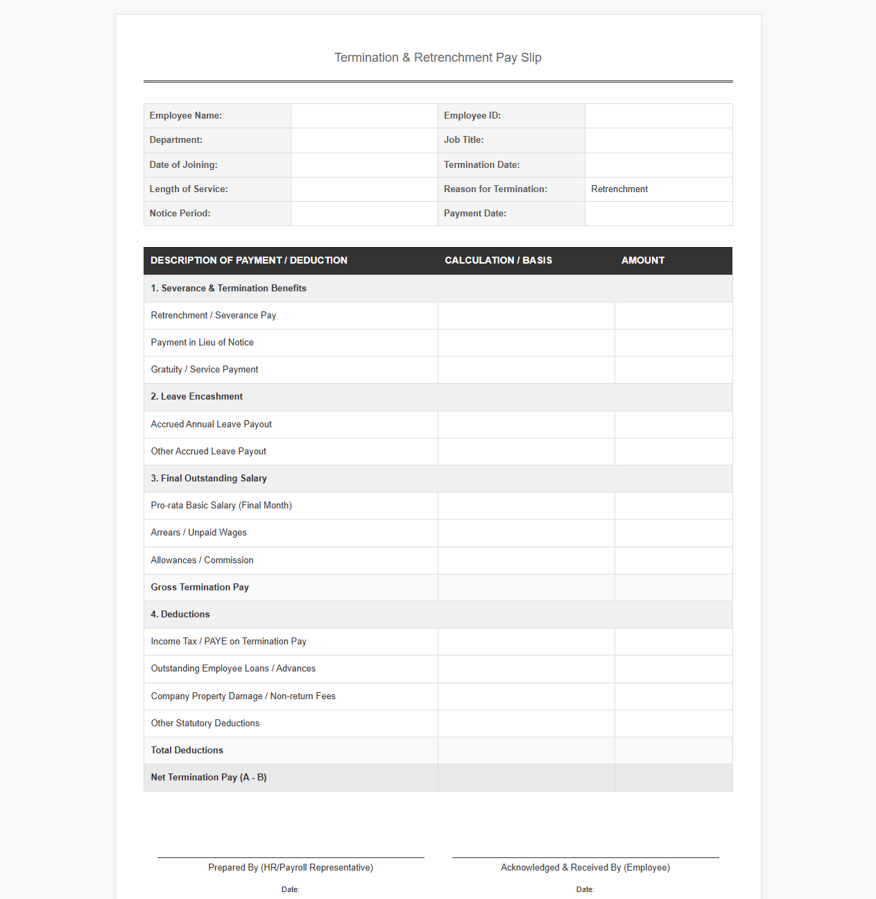 Employee Termination Pay Payroll Template