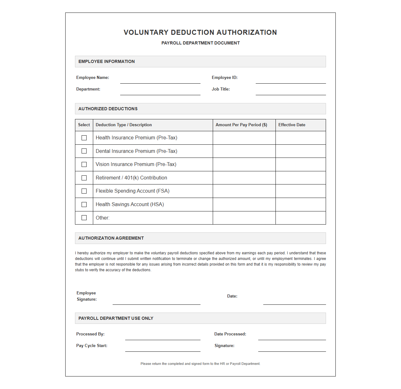 Employee Voluntary Deduction Authorization Template