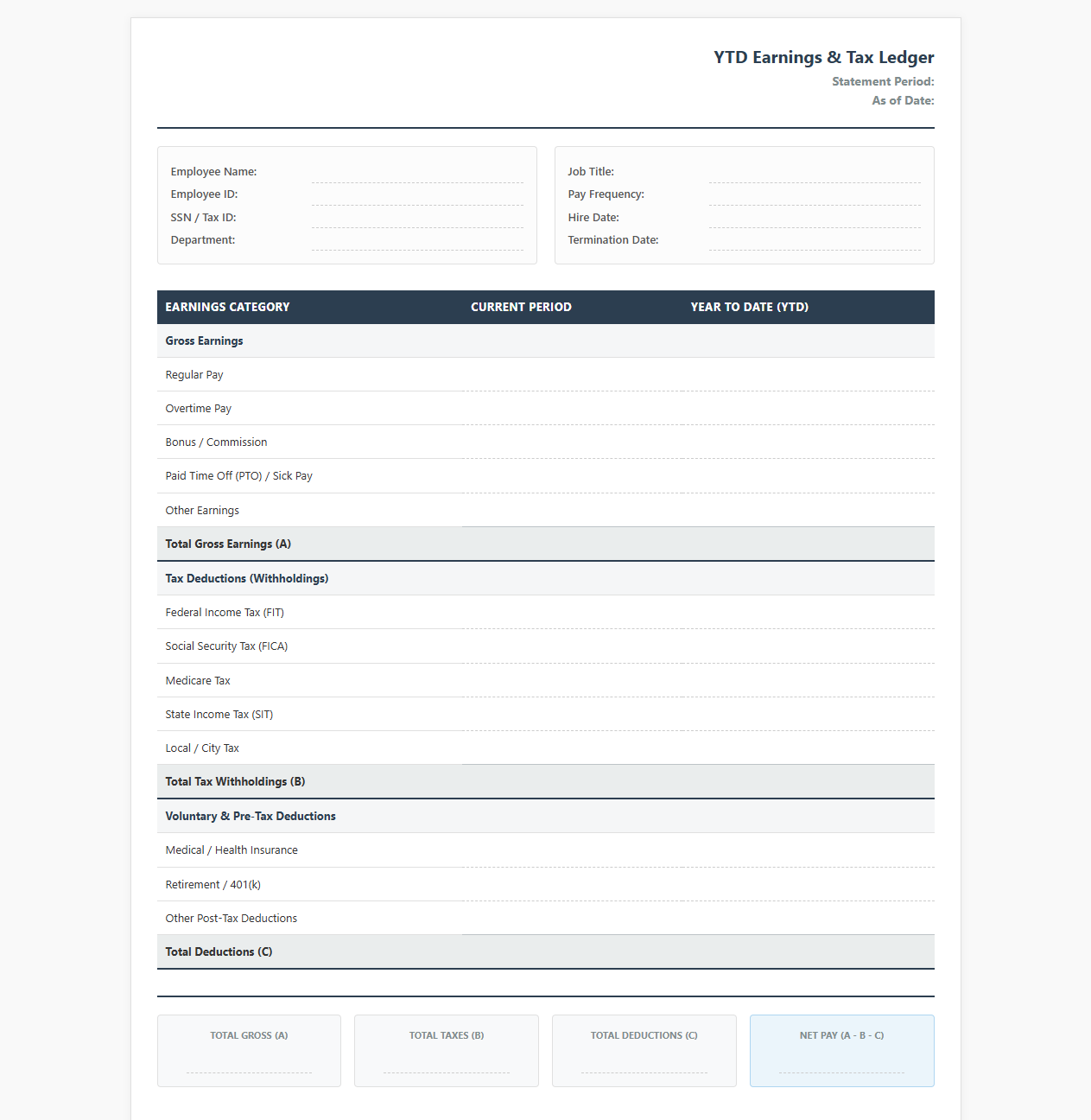 Employee YTD Earnings Statement and Tax Ledger