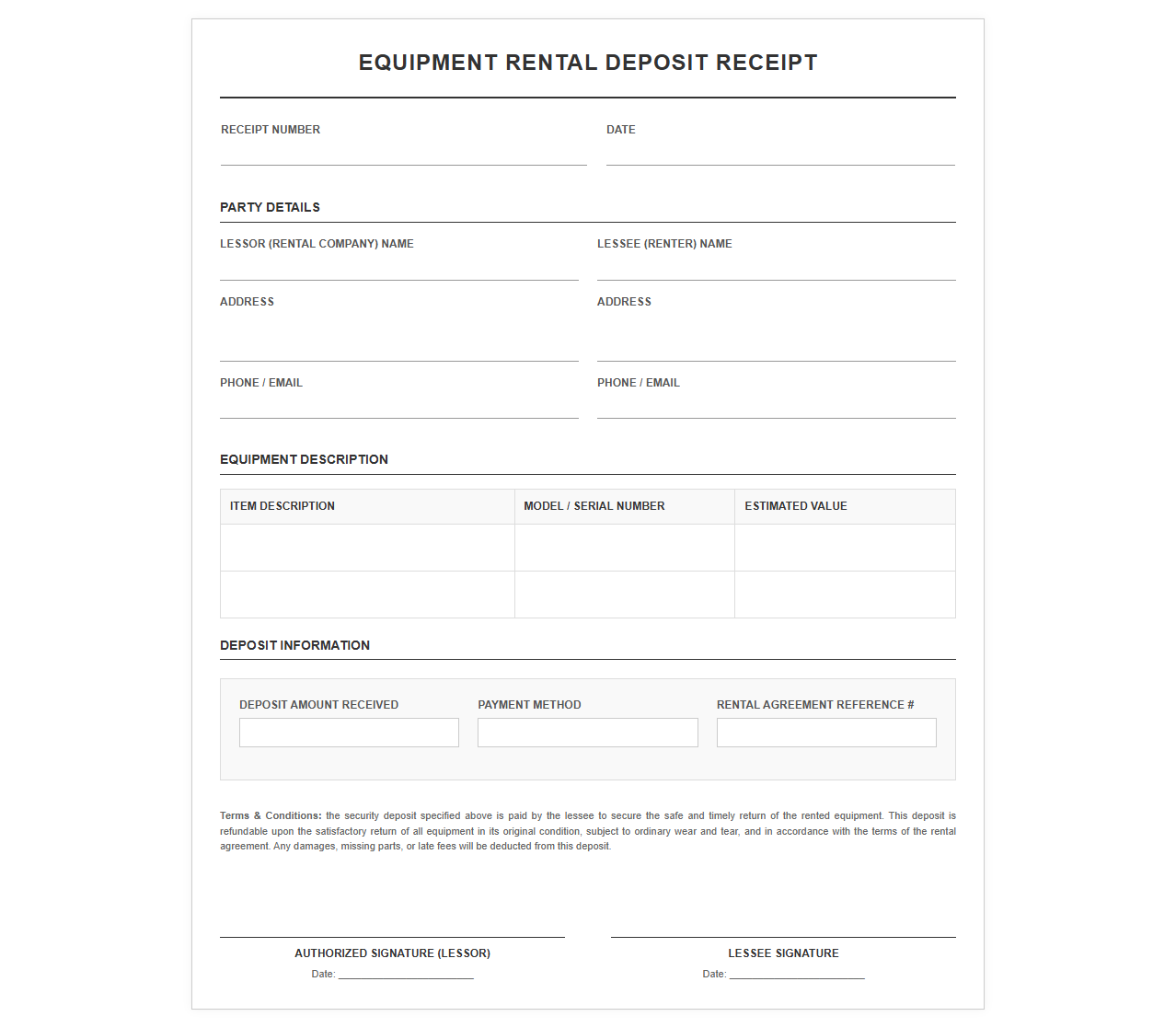 Equipment Rental Security Deposit Receipt Template