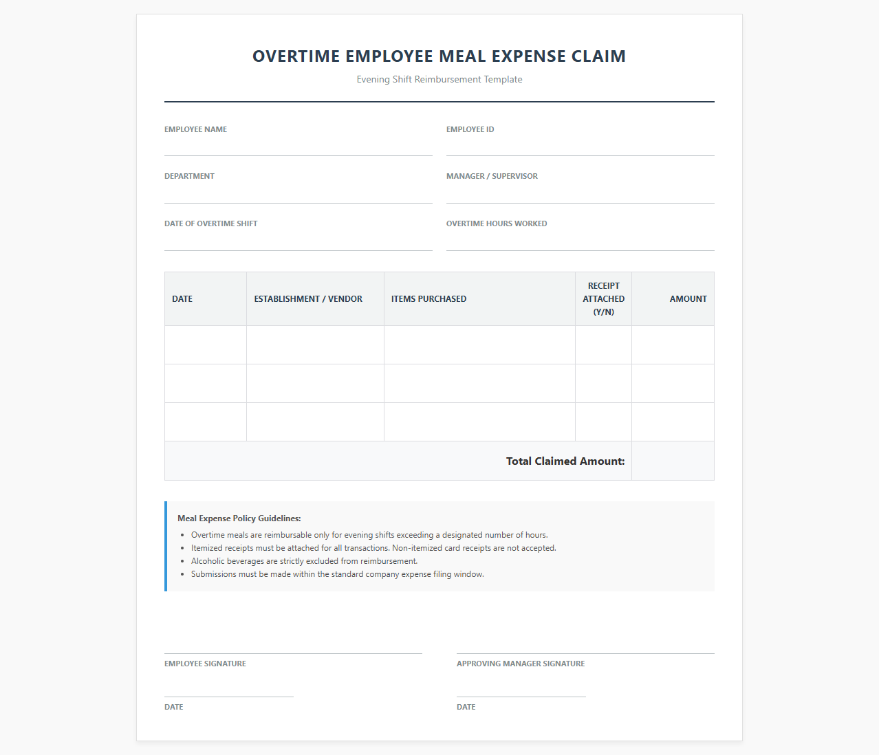 Evening Shift Employee Food Expense Template