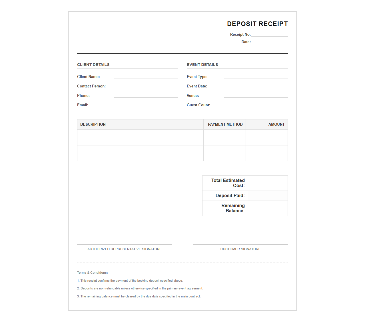 Event Booking Deposit Receipt