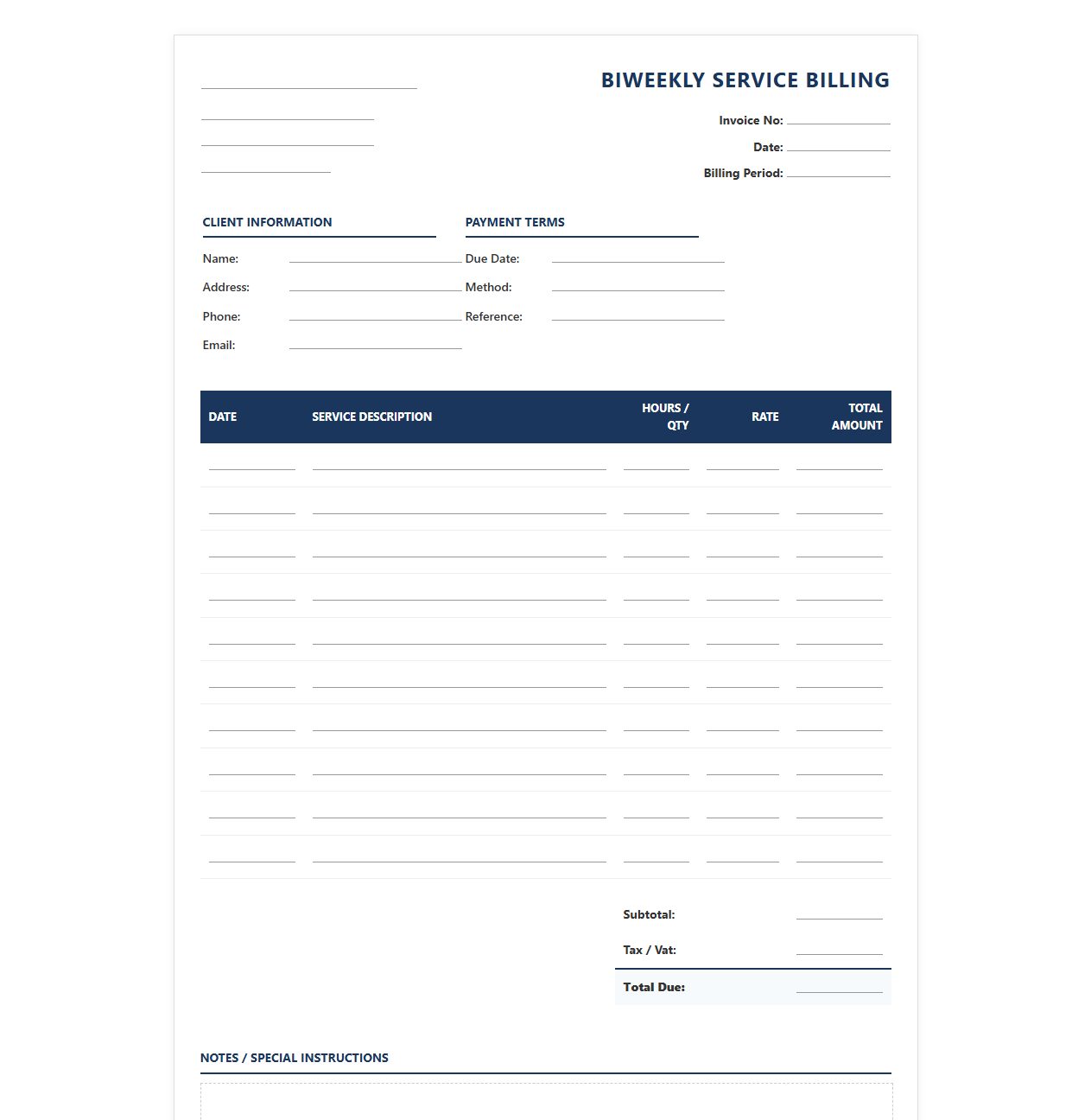 Every Two Weeks Service Billing Sheet