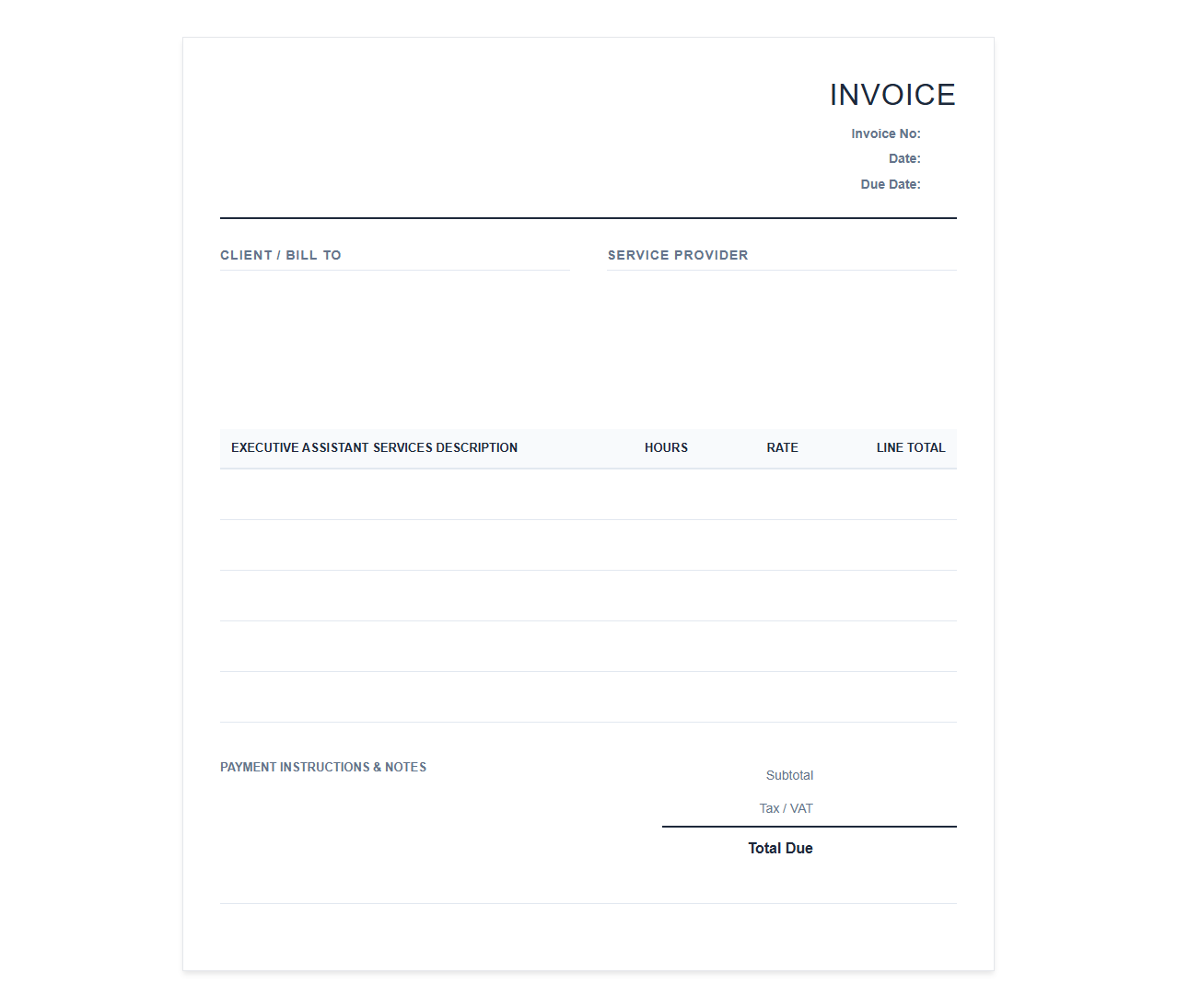 Executive Assistant Service Invoice Template