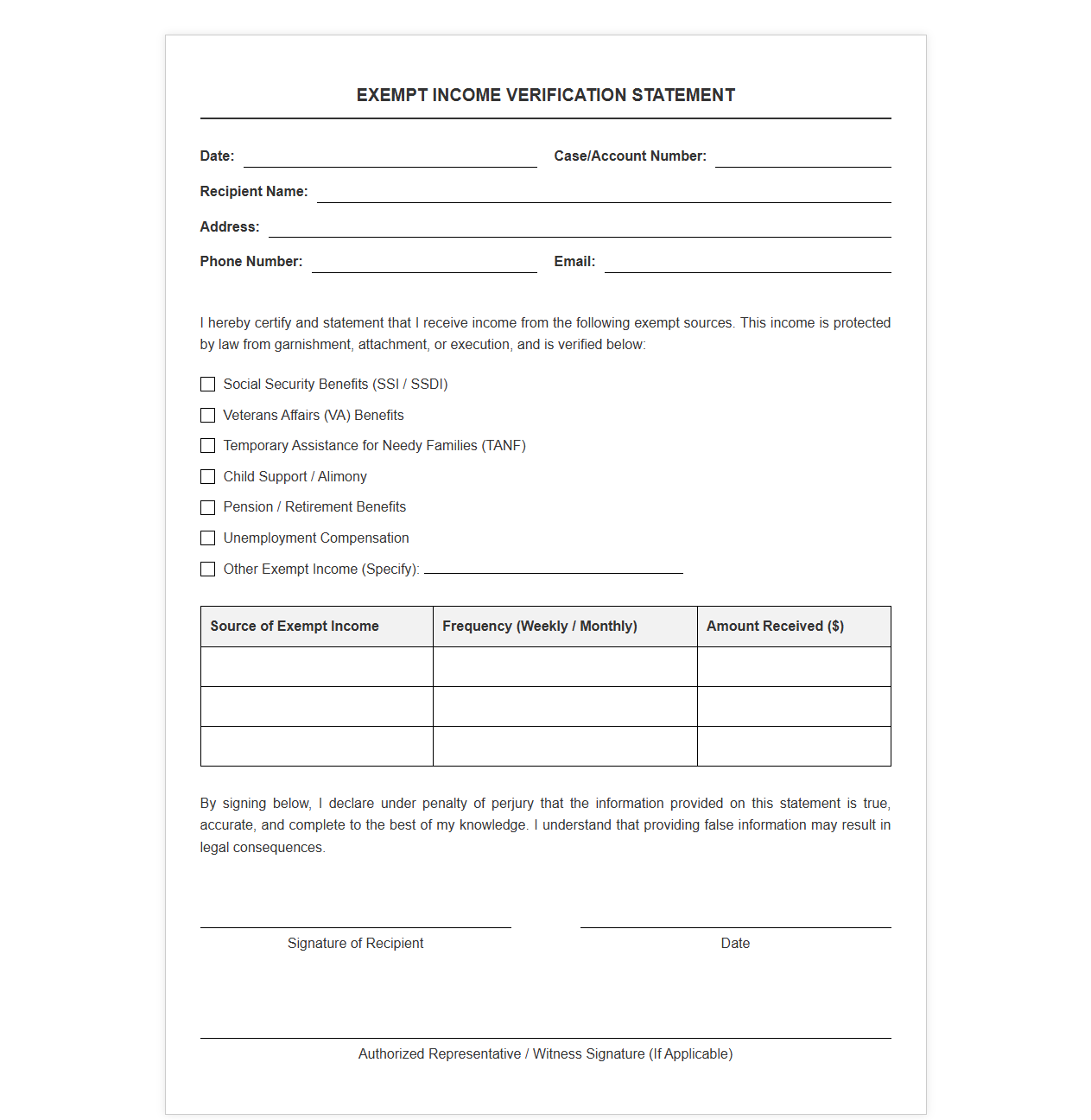 Exempt Income Verification Statement