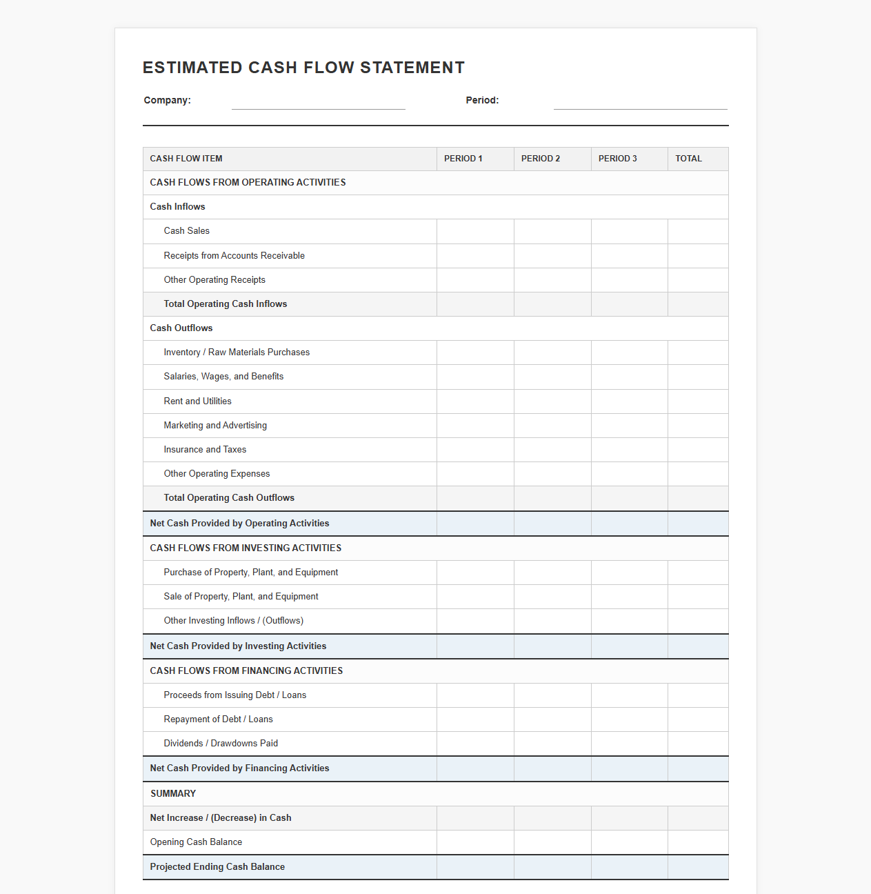 Expected Cash Flow Statement Template
