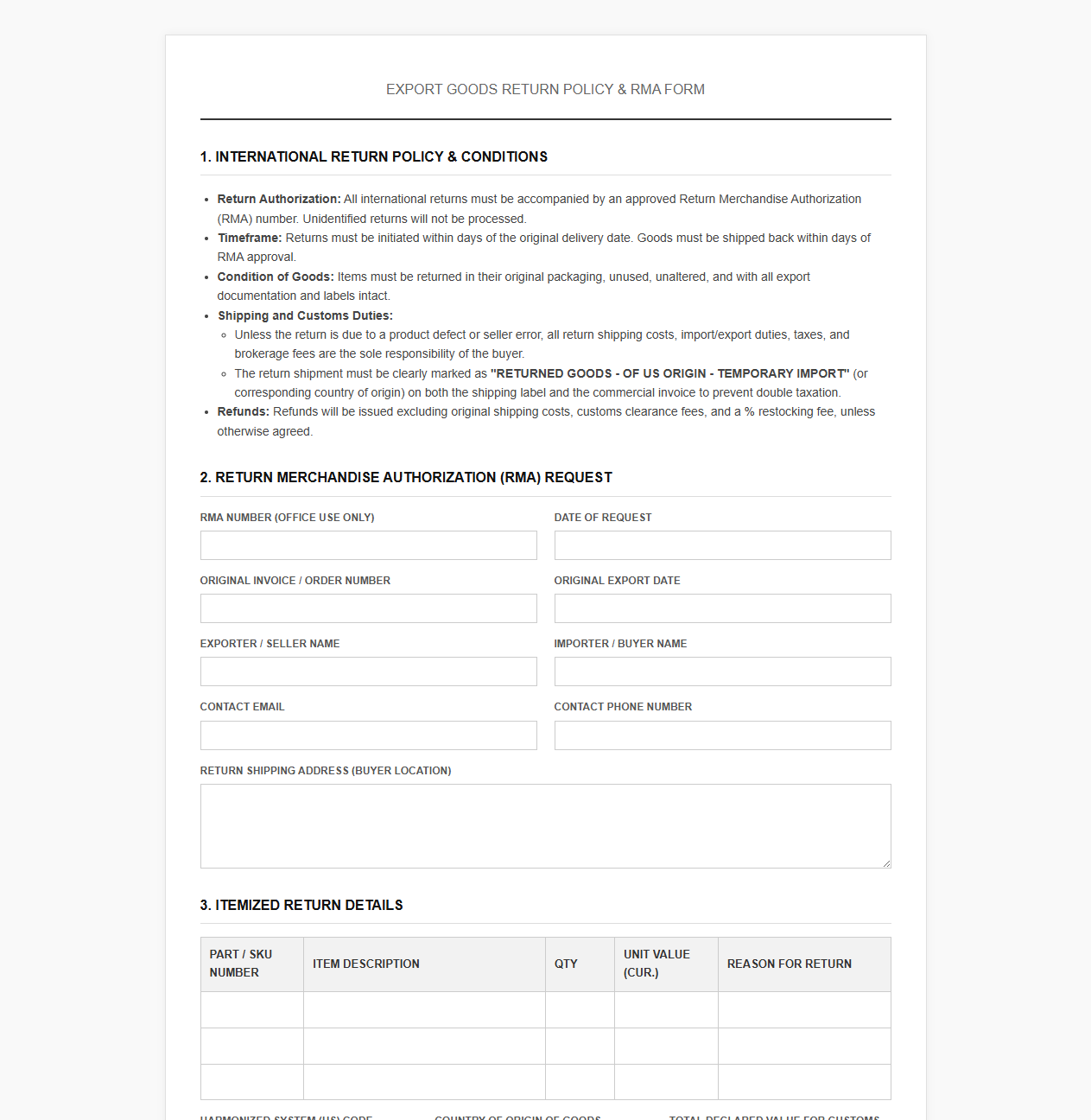 Exported Goods Return Policy and Form Template