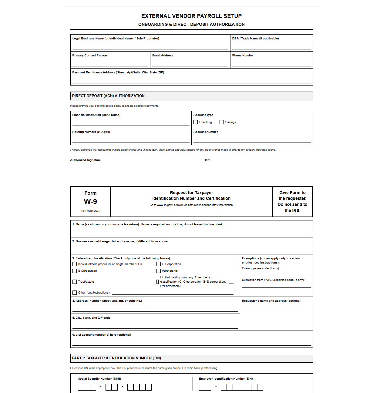 External Vendor Payroll Setup and Form W-9