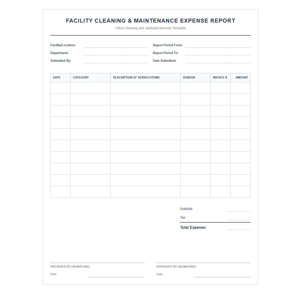 Facility Cleaning and Maintenance Expense Report