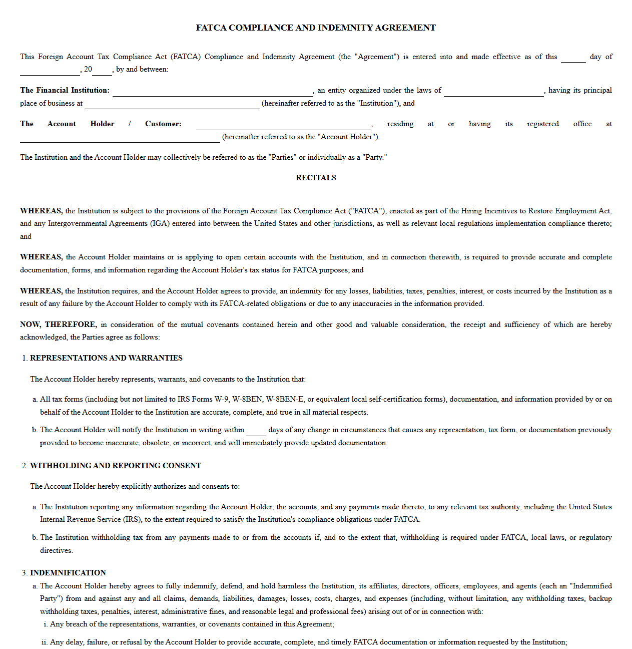 FATCA Compliance and Indemnity Agreement Form