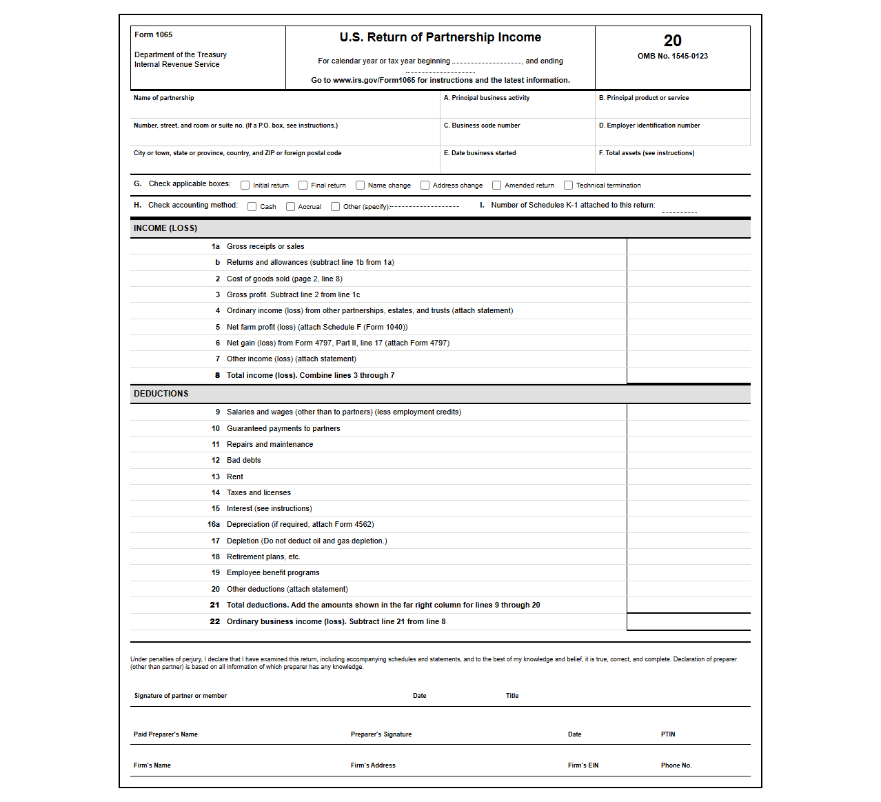 Federal Partnership Tax Return Form 1065 Template