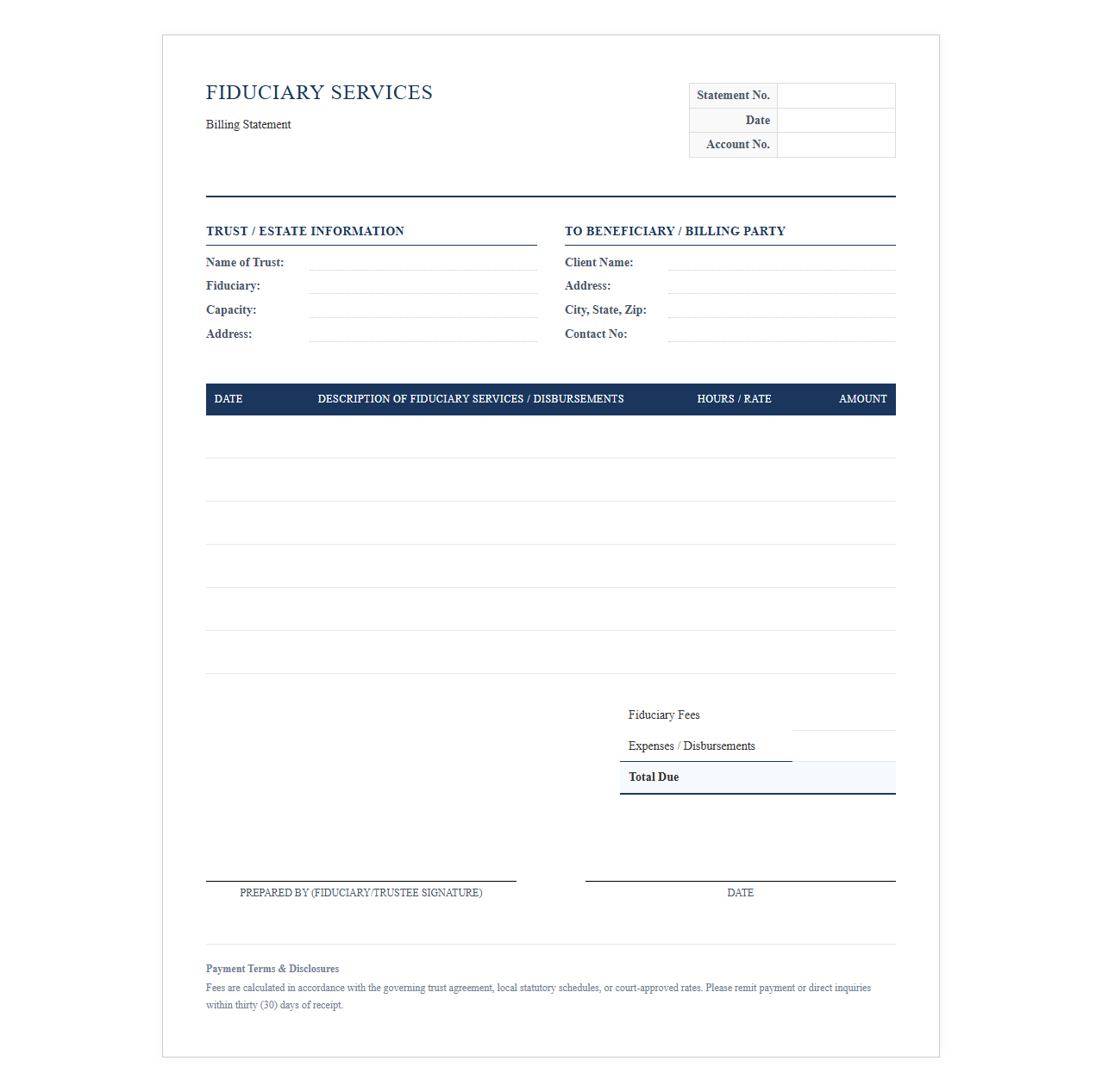 Fiduciary Services Billing Statement Template