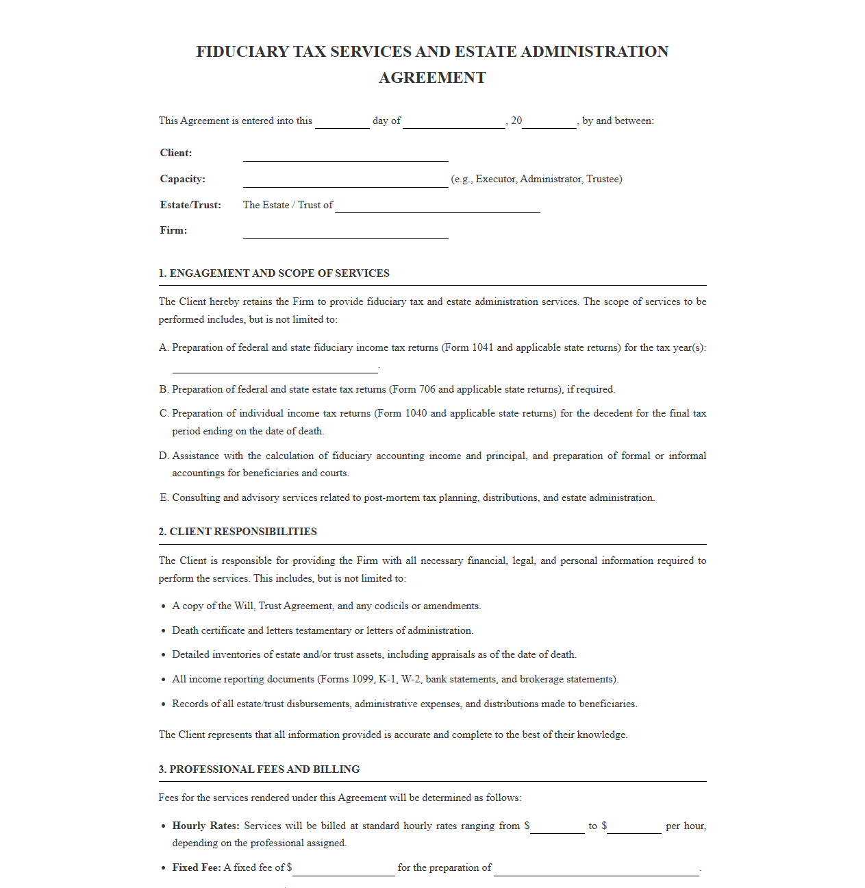 Fiduciary Tax Services and Estate Administration Agreement