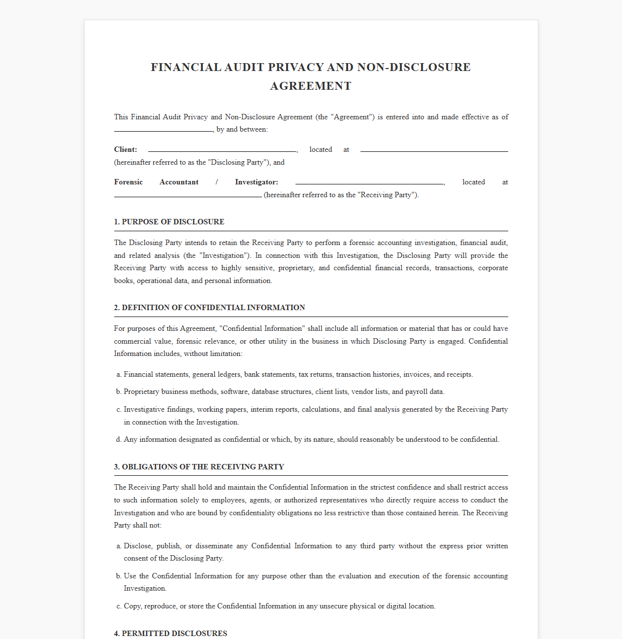 Financial Audit Privacy and Non Disclosure Agreement