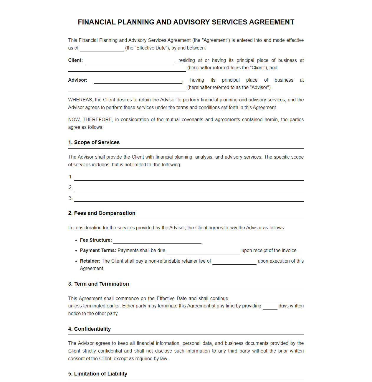 Financial Planning and Advisory Services Agreement