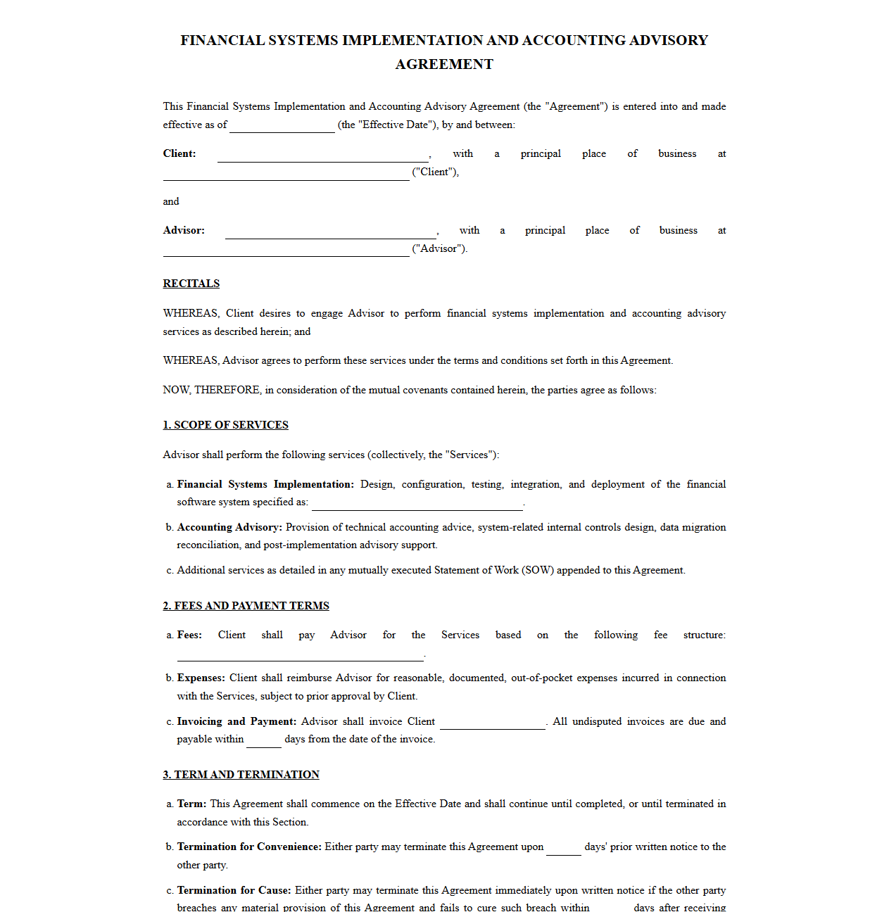 Financial Systems Implementation and Accounting Advisory Agreement