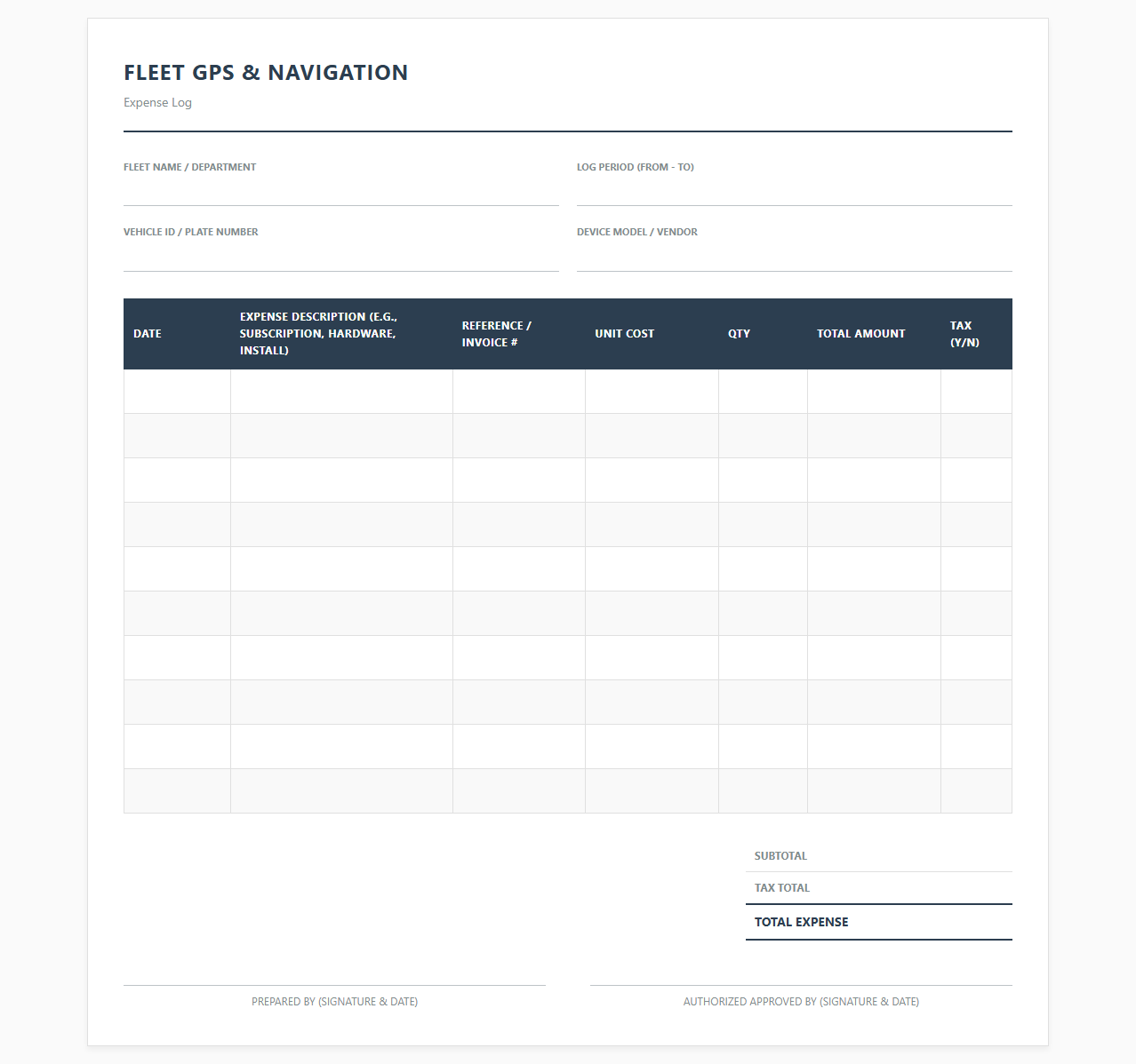 Fleet GPS and Navigation System Expense Log