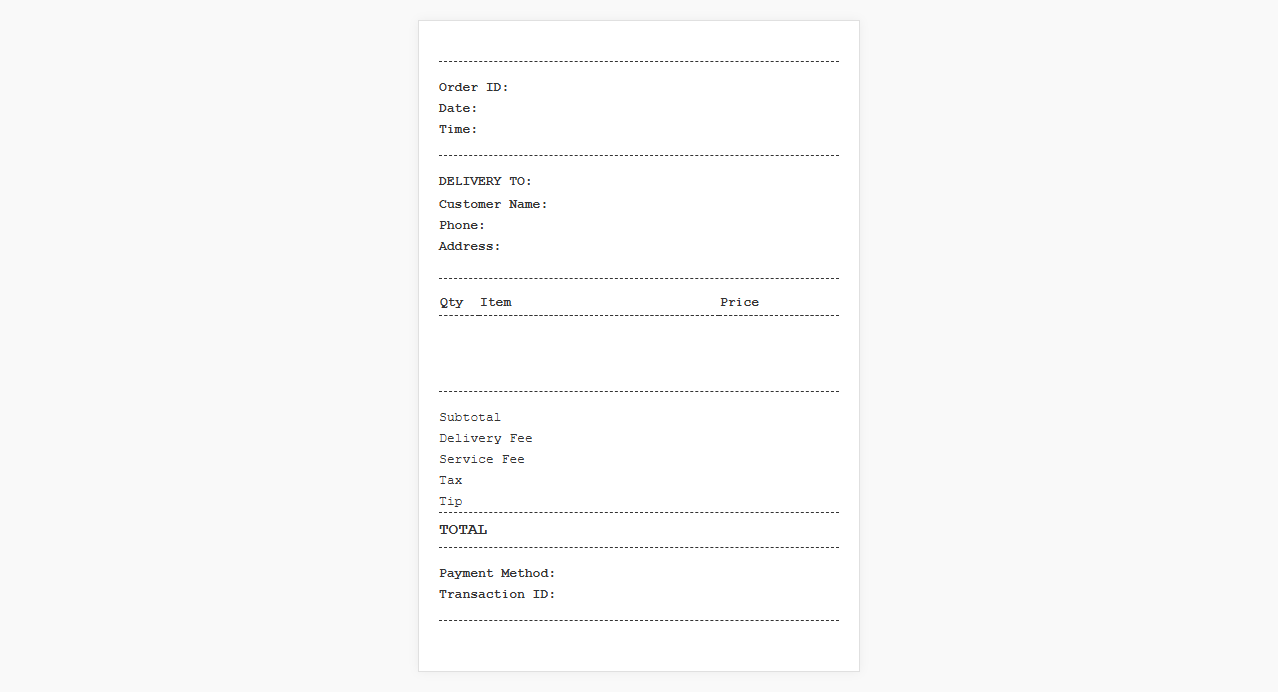 Food Delivery Service Receipt Template