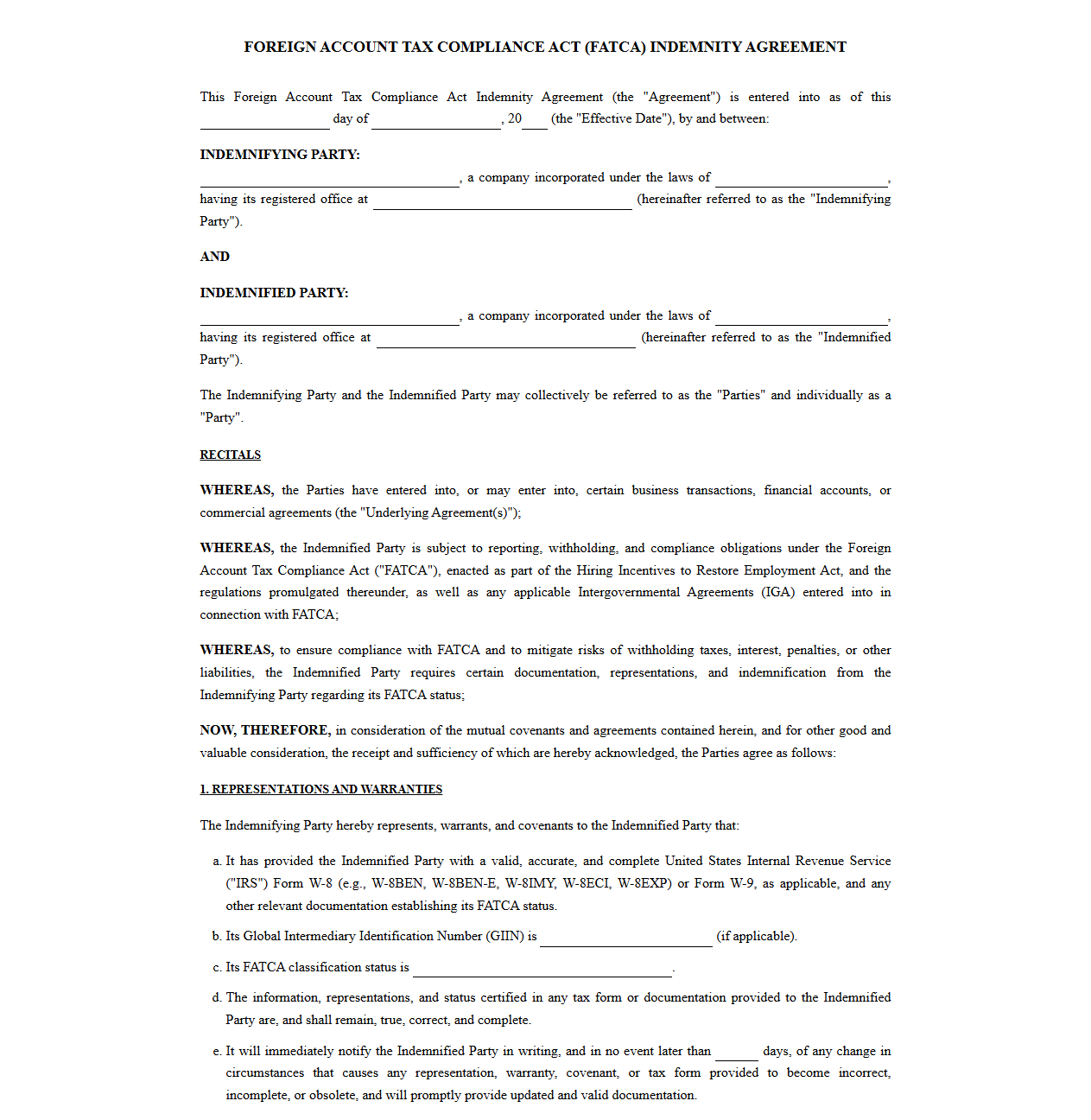 Foreign Account Tax Compliance Act Indemnity Clause Template