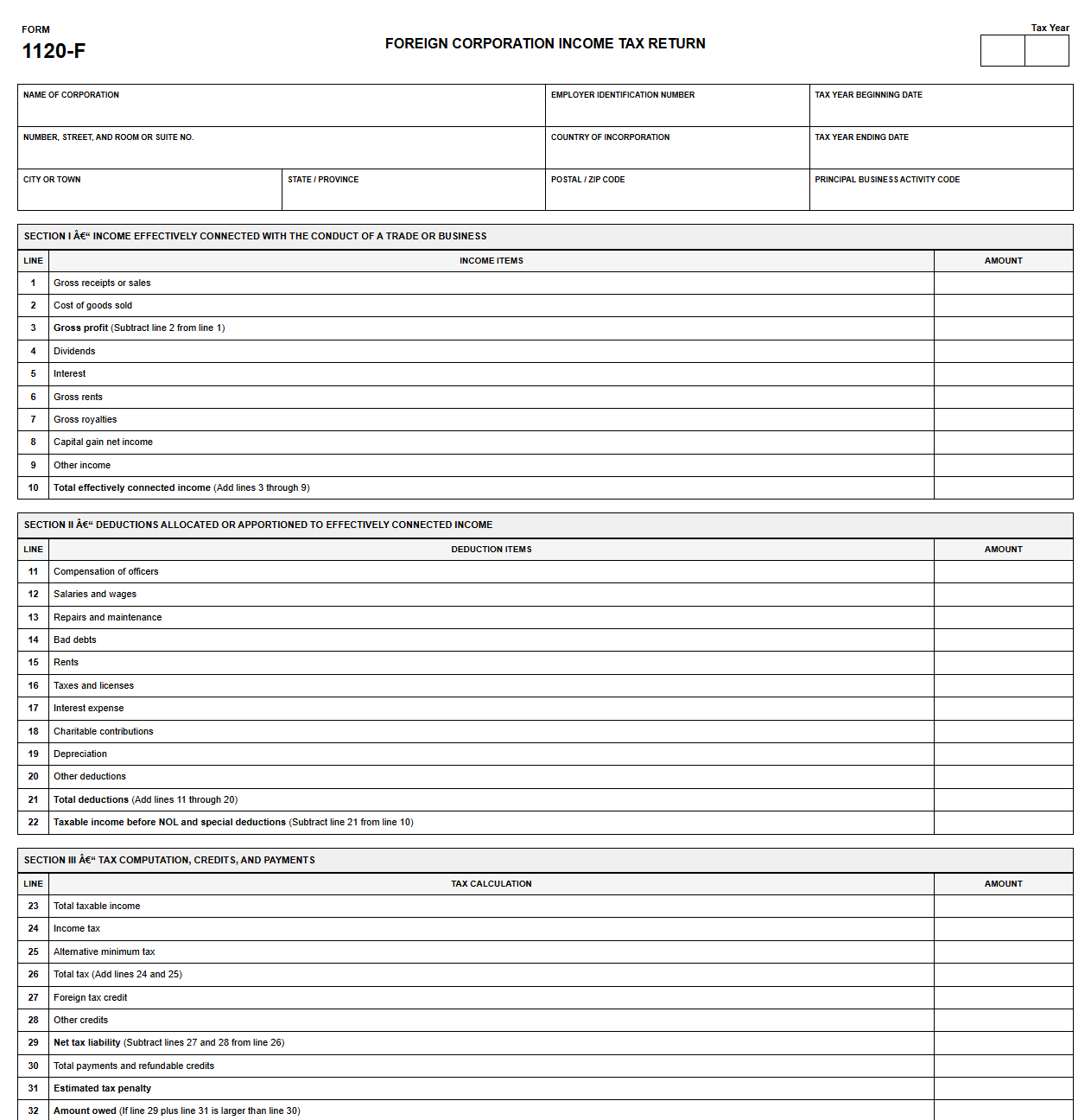Foreign Corporation Income Tax Return Template