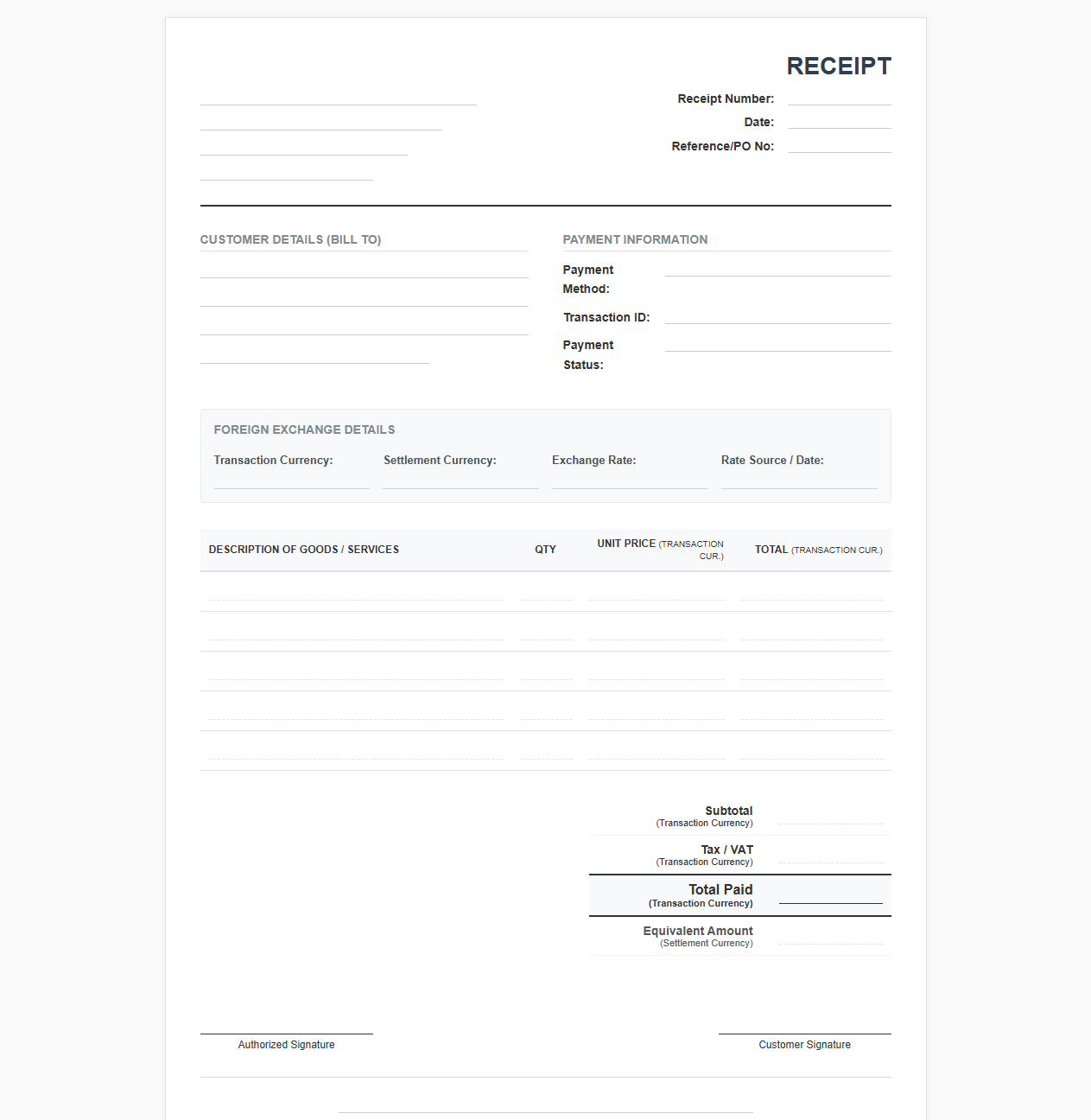 Foreign Currency Sales Receipt Template