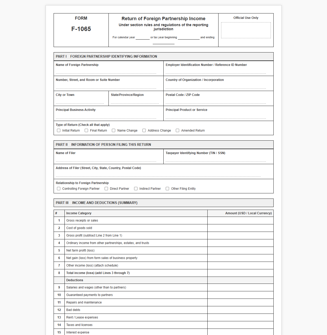Foreign Partnership Return of Income Template