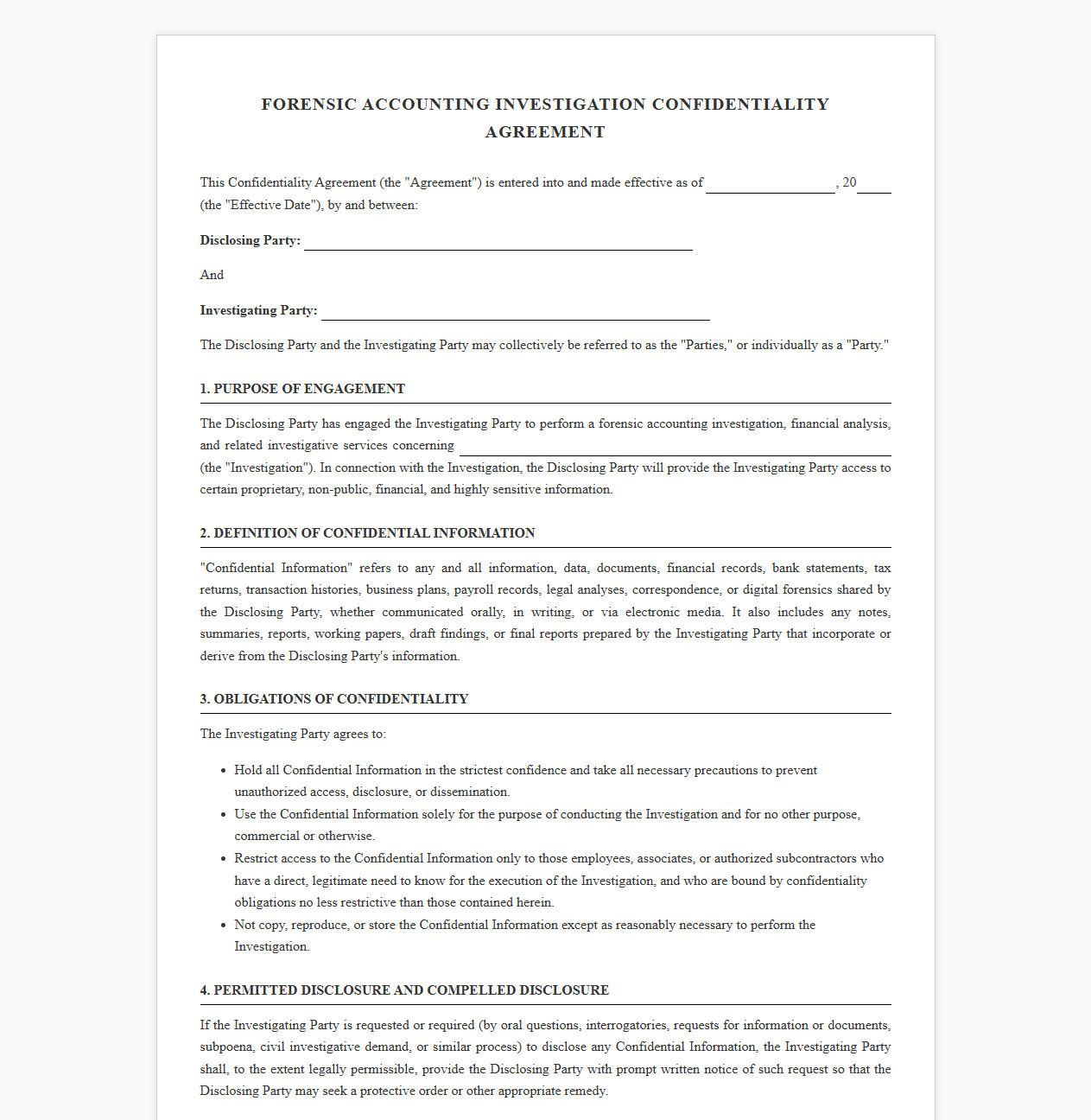 Forensic Accounting Investigation Confidentiality Agreement Template