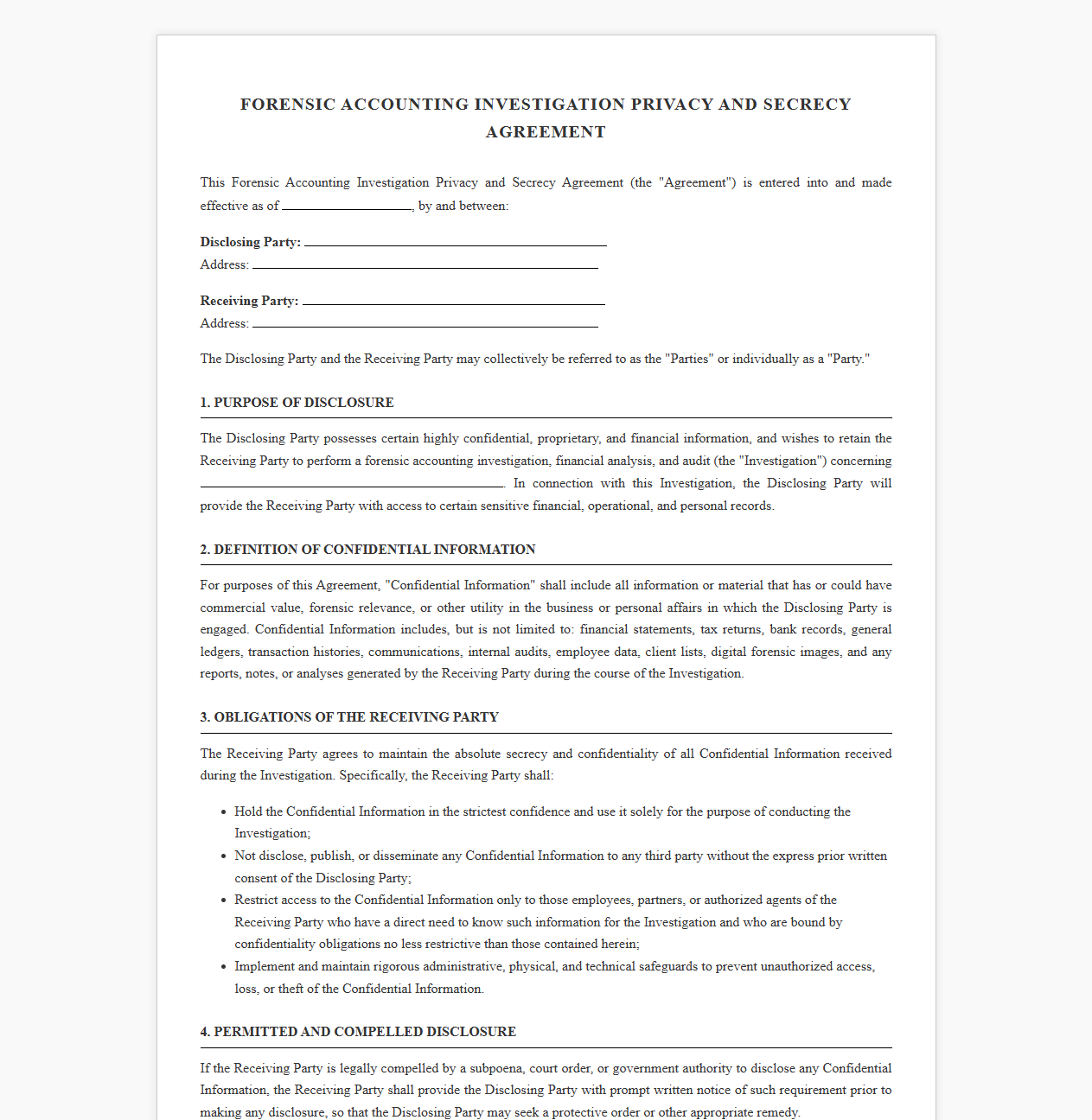 Forensic Accounting Investigation Privacy and Secrecy Agreement
