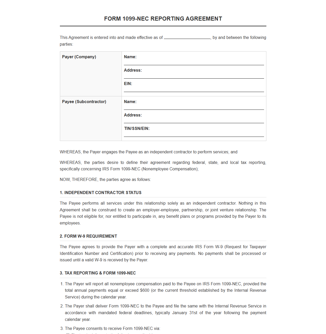 Form 1099-NEC Reporting Agreement for Subcontractors