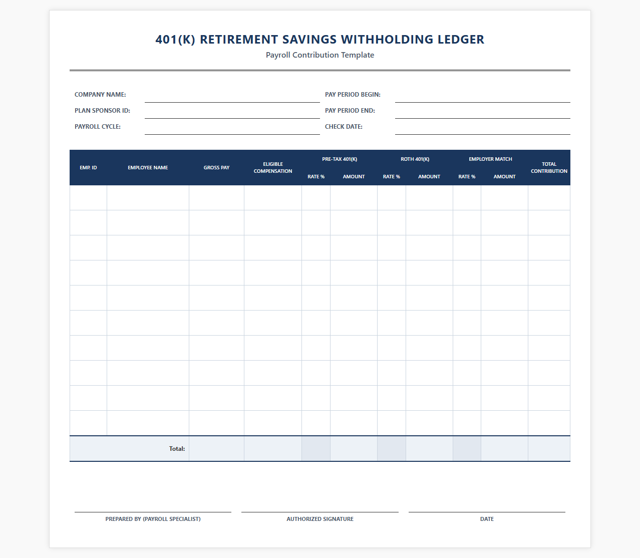 Four Zero One K Retirement Savings Withholding Ledger