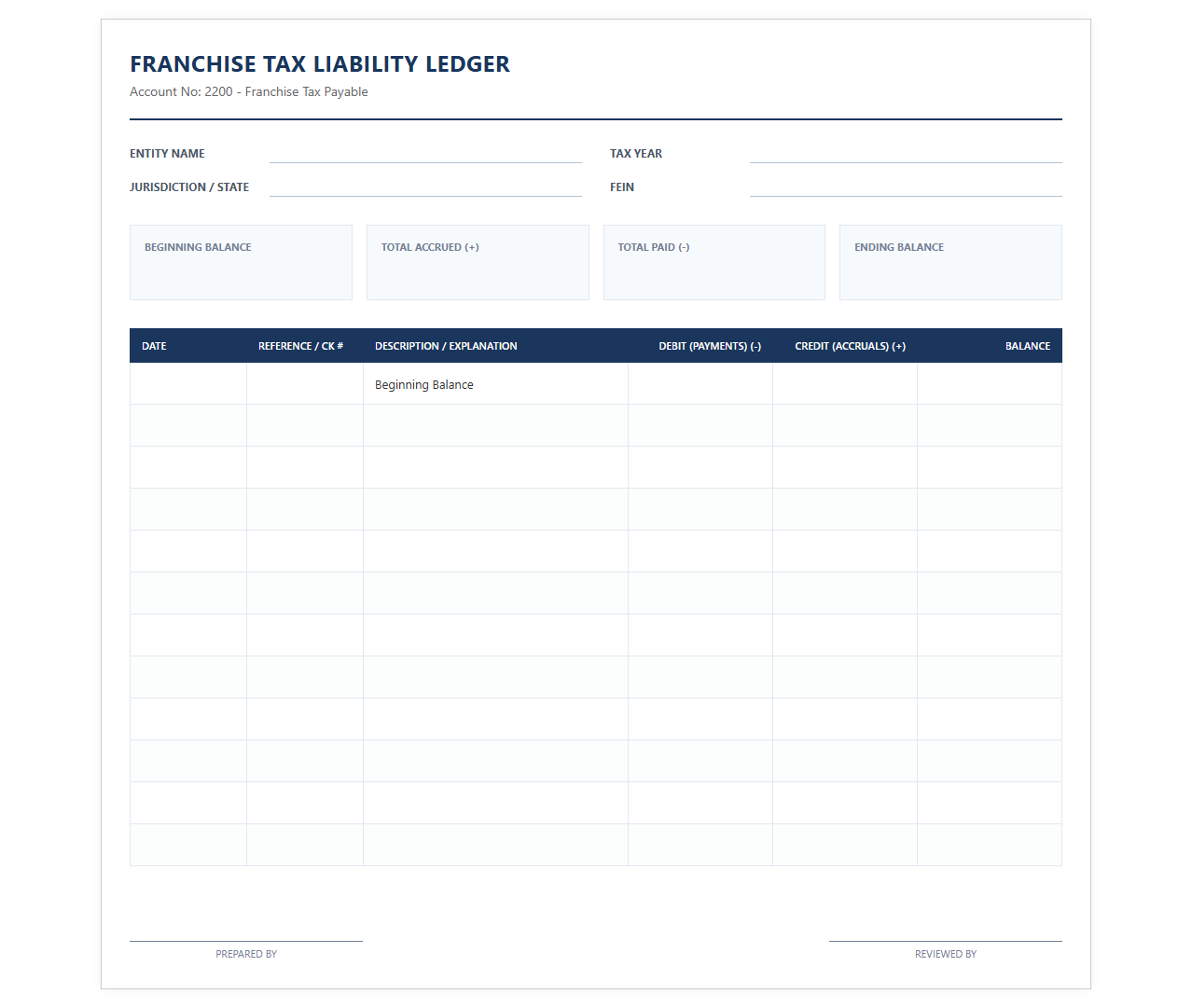Franchise Tax Liability Ledger Template