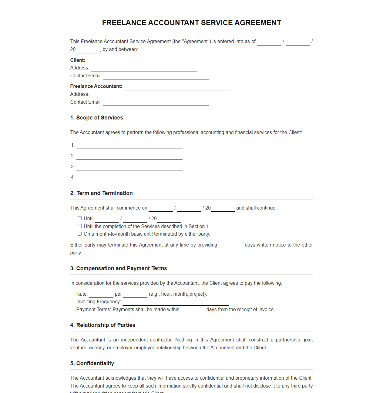 Freelance Accountant Service Agreement Template