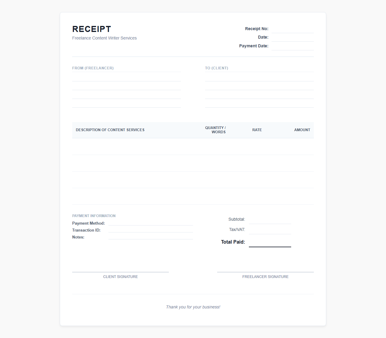 Freelance Content Writer Service Payment Receipt