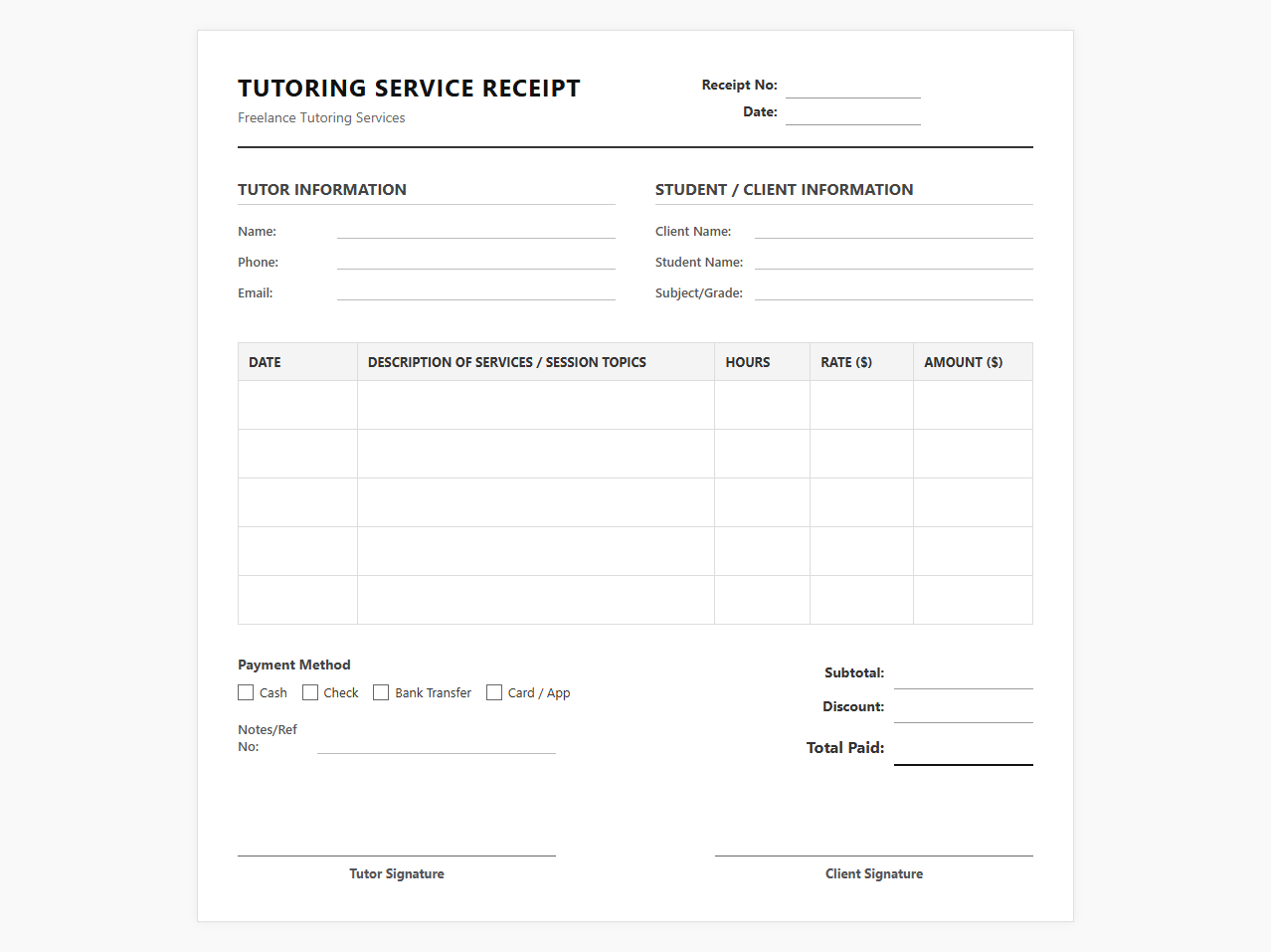 Freelance Tutor Service Receipt Form